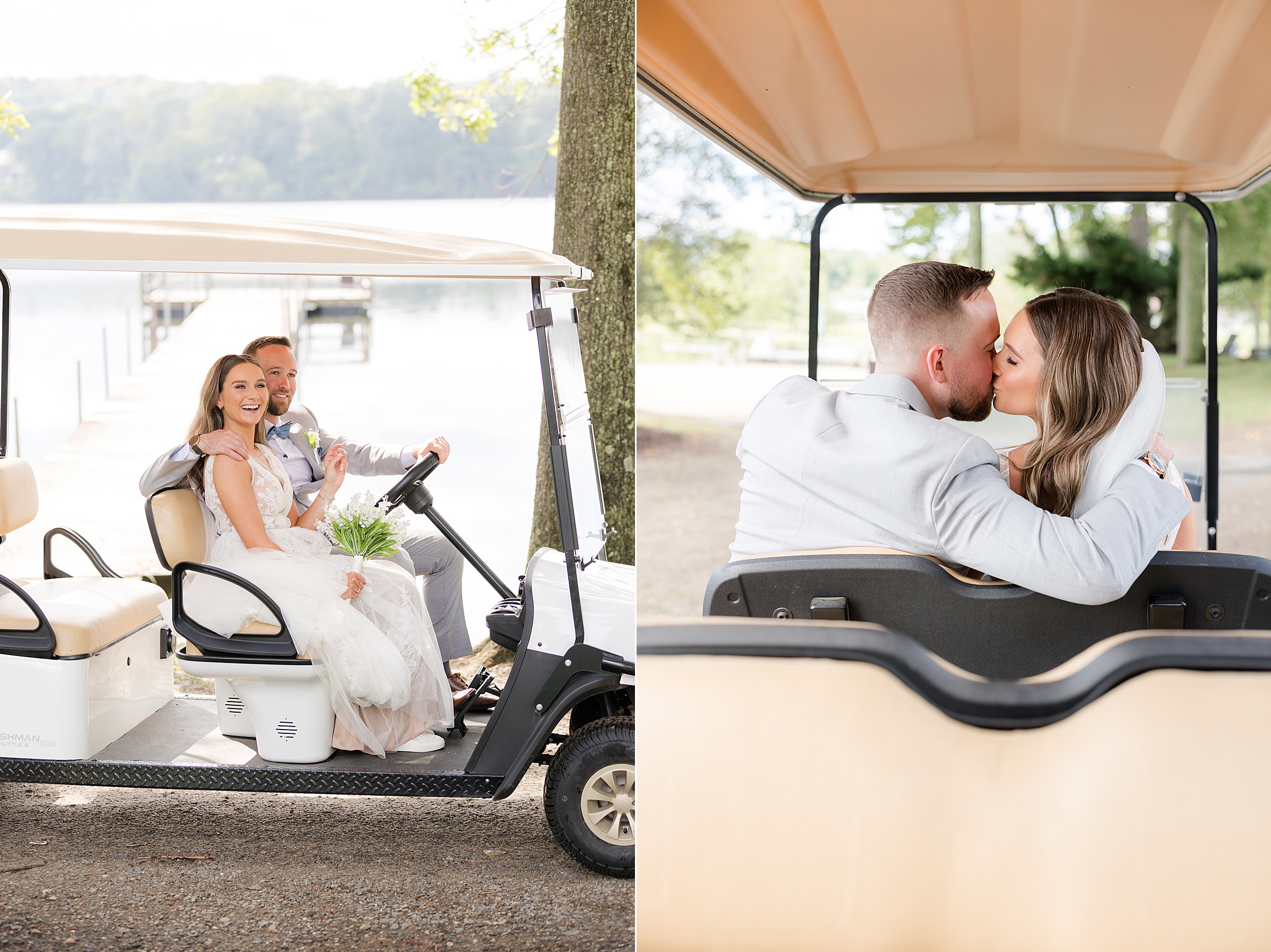 Bride and groom steal a playful, romantic moment together on a quiet ride, laughter and a soft kiss capturing the joy and intimacy of their newlywed glow