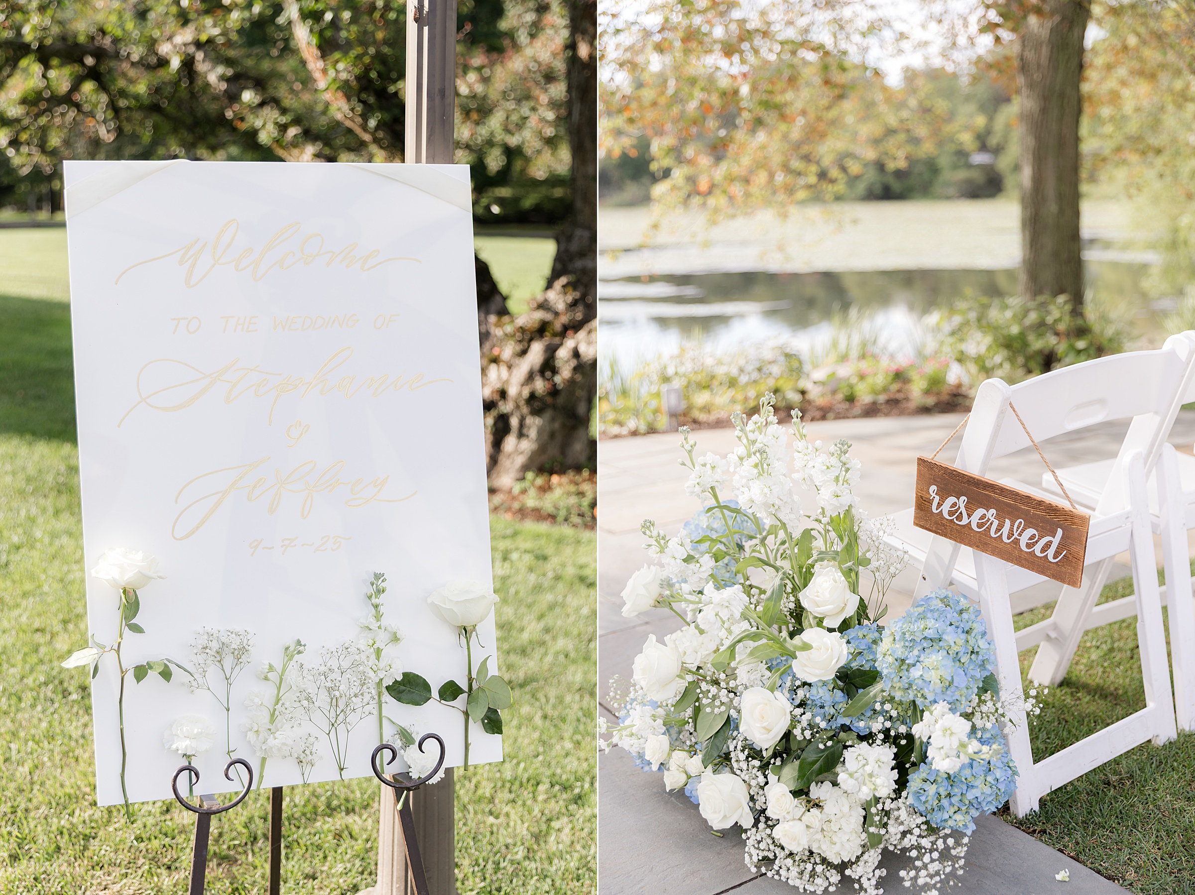 Elegant floral arrangements and a soft welcome sign set a romantic tone for the outdoor wedding
