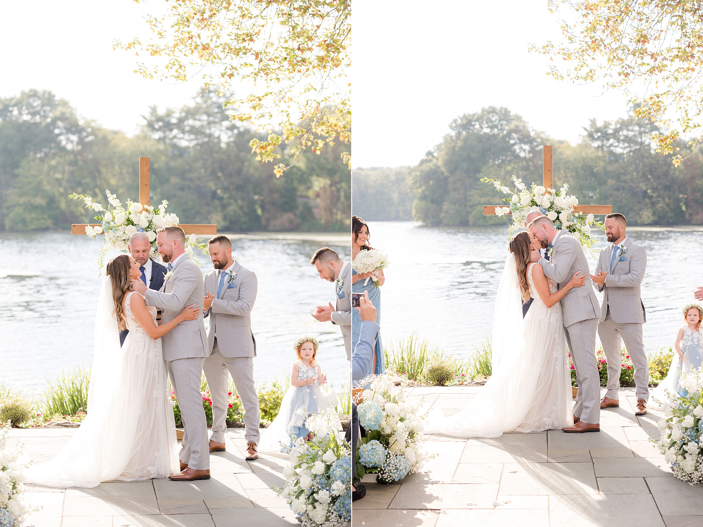 Bride and groom exchange vows, then lean into a tender embrace, surrounded by soft sunlight, blooming florals, and loved ones witnessing their moment