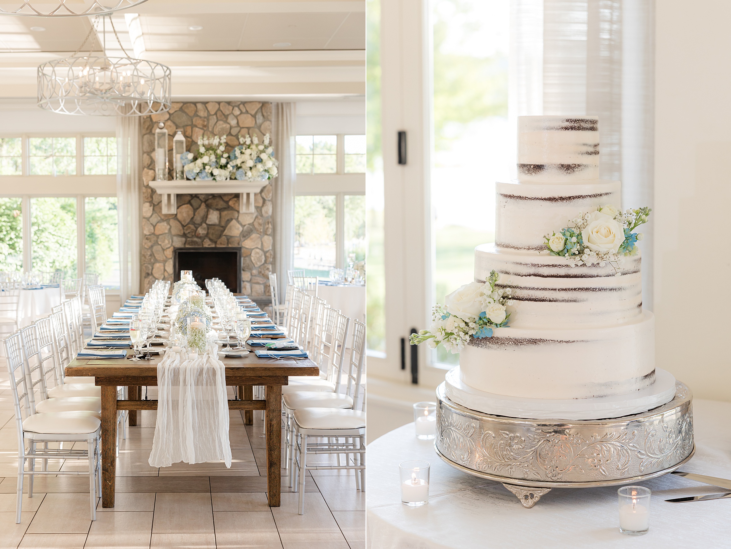 Warmly styled reception space with rustic tables and a tiered cake awaits an evening of love and celebration