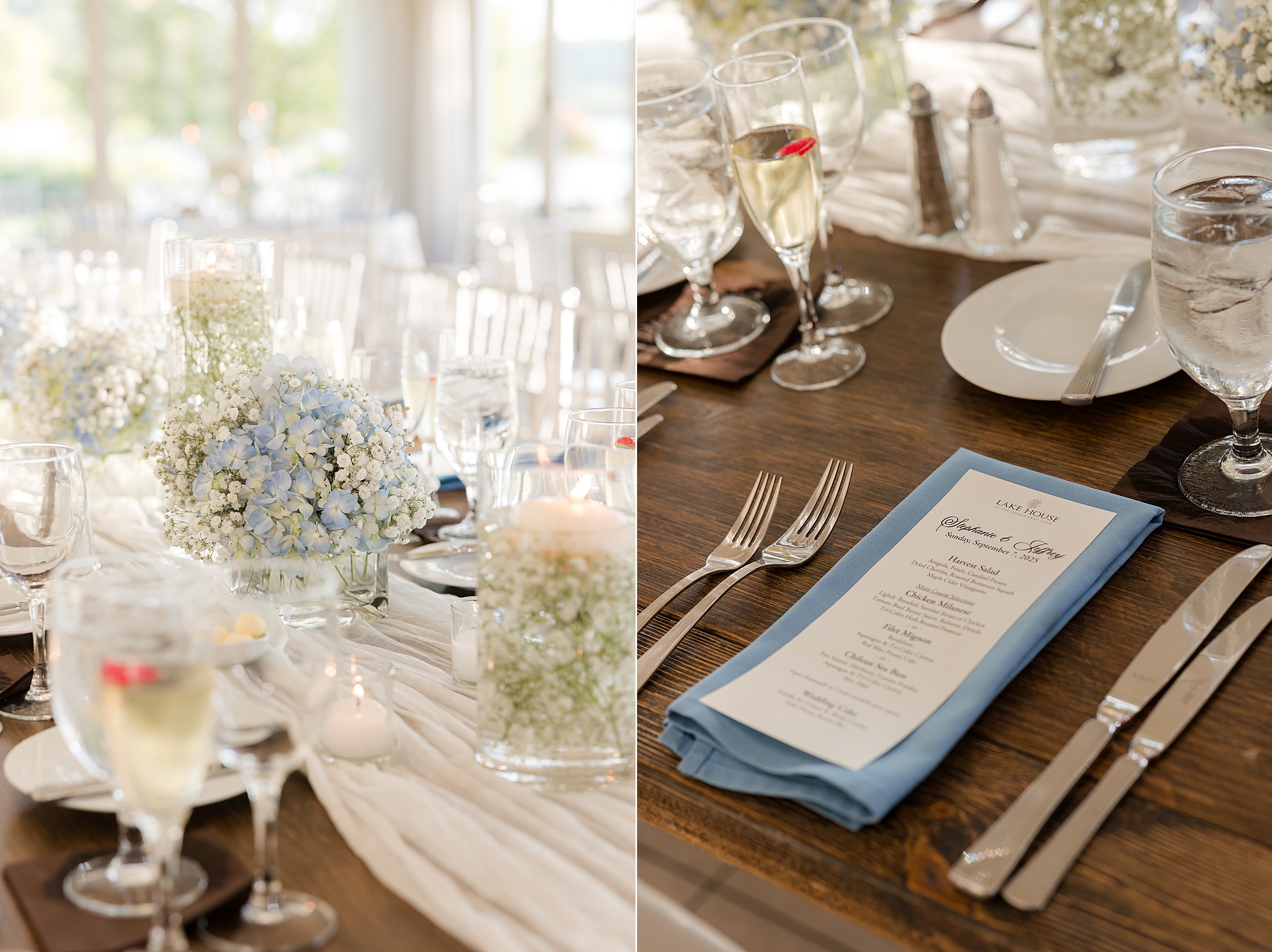 Elegant place settings with soft blue accents and glowing candles create a warm, romantic dining atmosphere