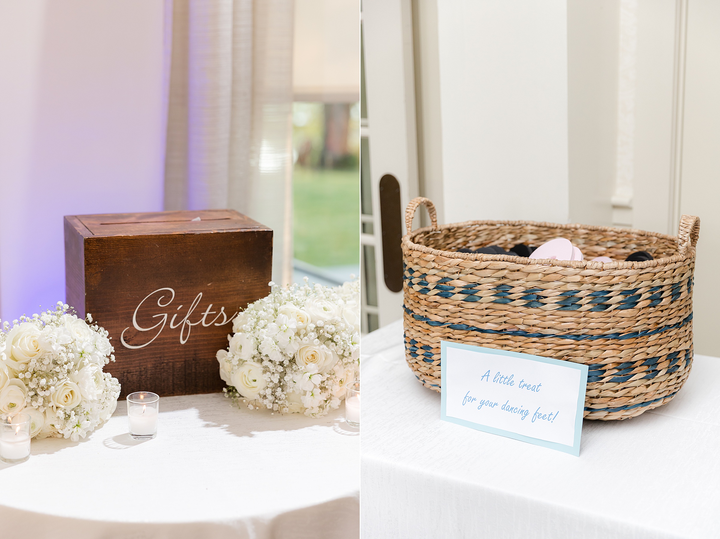 Welcoming gift table with a wooden box and card basket invites loved ones to share in the couple’s celebration