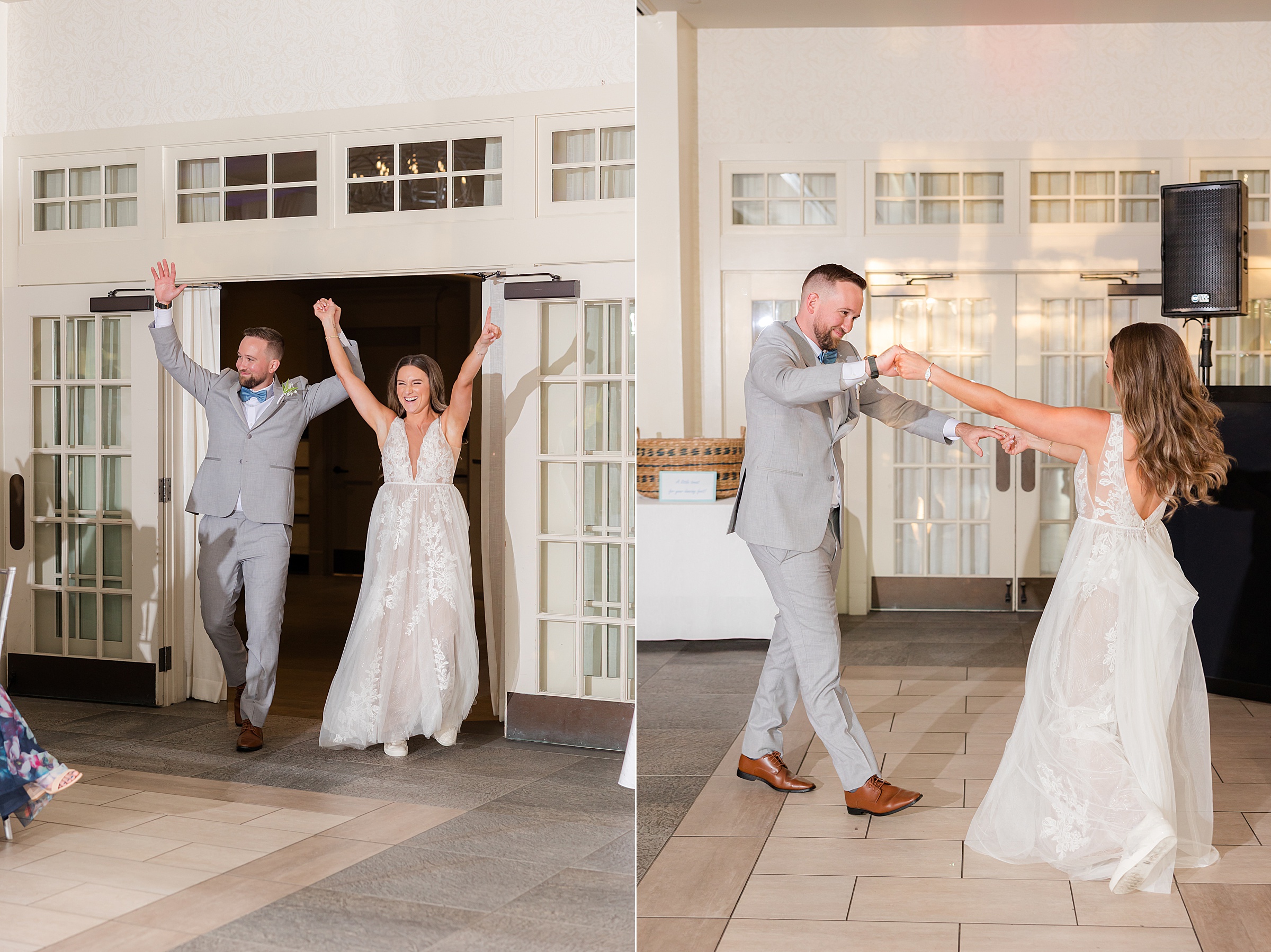 Bride and groom make a joyful entrance, then spin together, lost in each other’s laughter and love