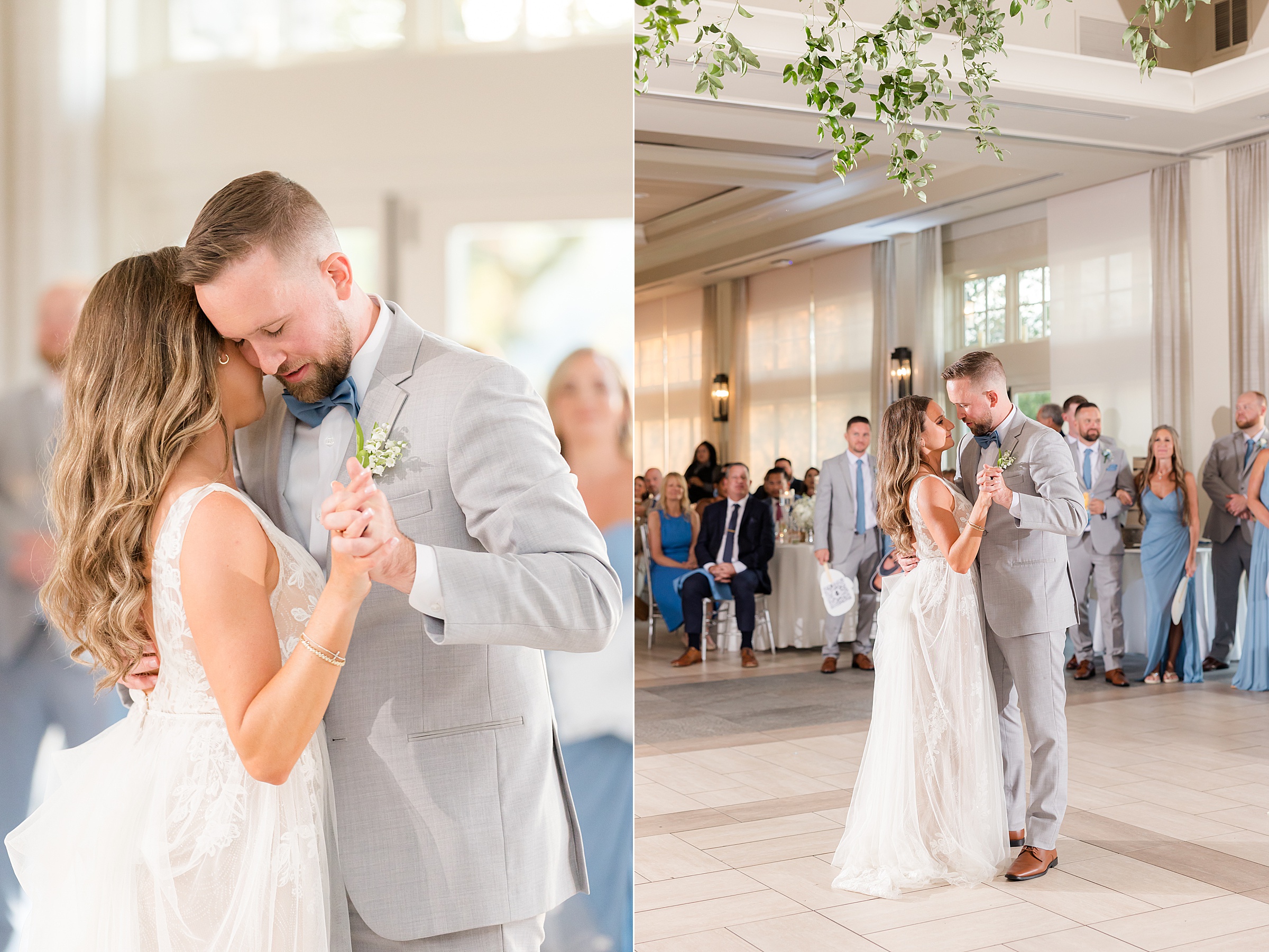 Bride and groom share a tender first dance, foreheads nearly touching in a quiet moment of love.