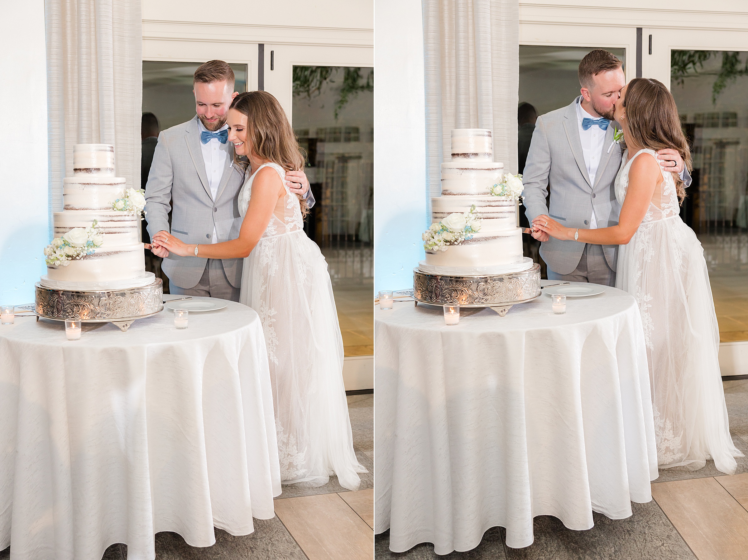 Bride and groom gently cut their wedding cake together, sharing a quiet, intimate moment amid the celebration