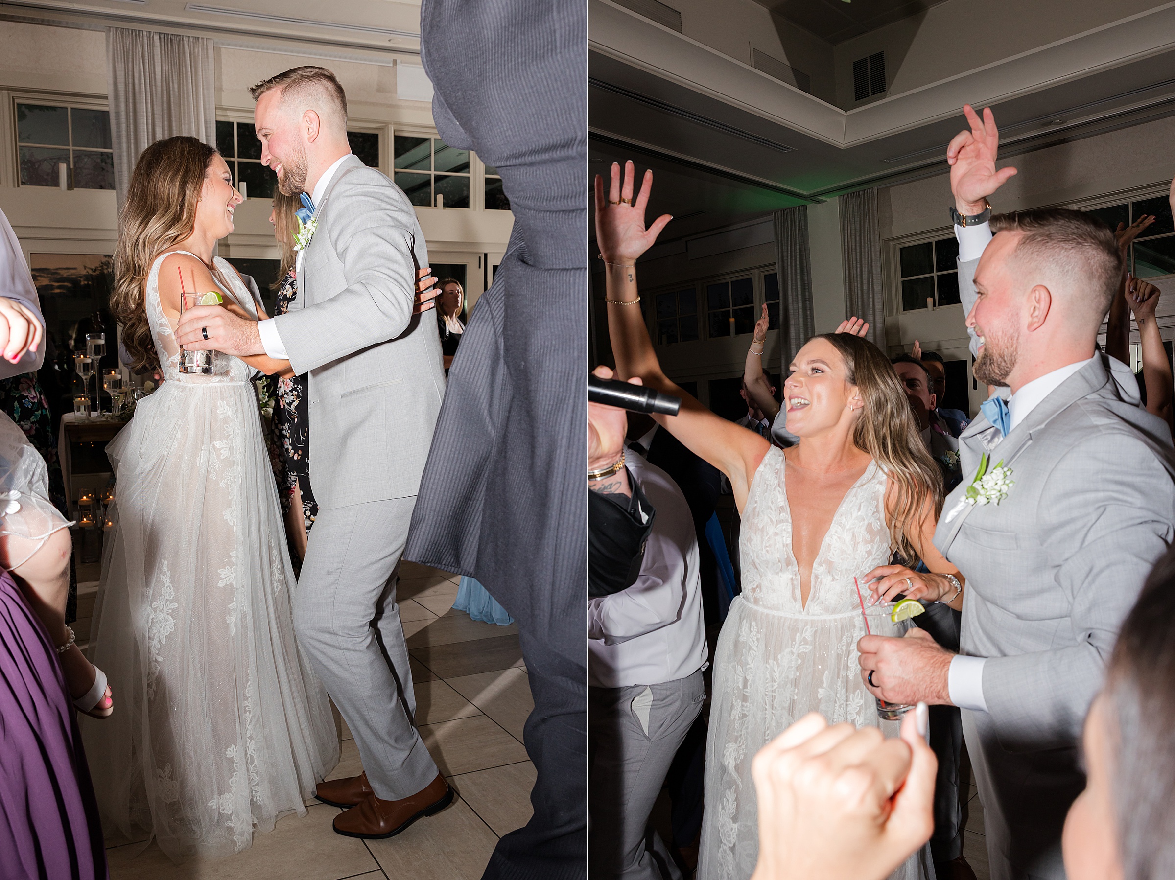 Bride and groom dancing together, smiling and holding drinks, surrounded by guests