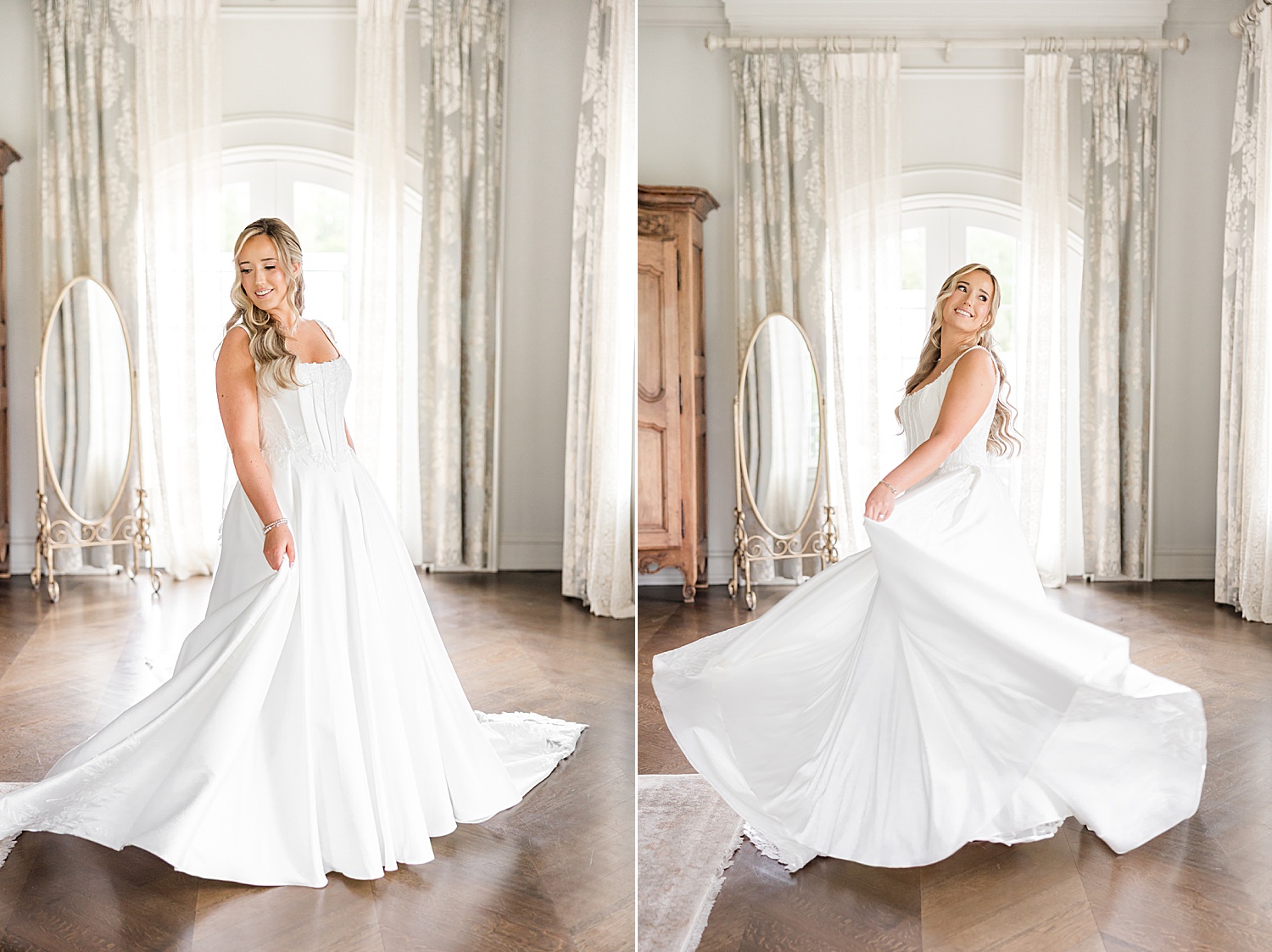 Radiant bride in a white satin ballgown mid-twirl in a bright, sunlit room.
