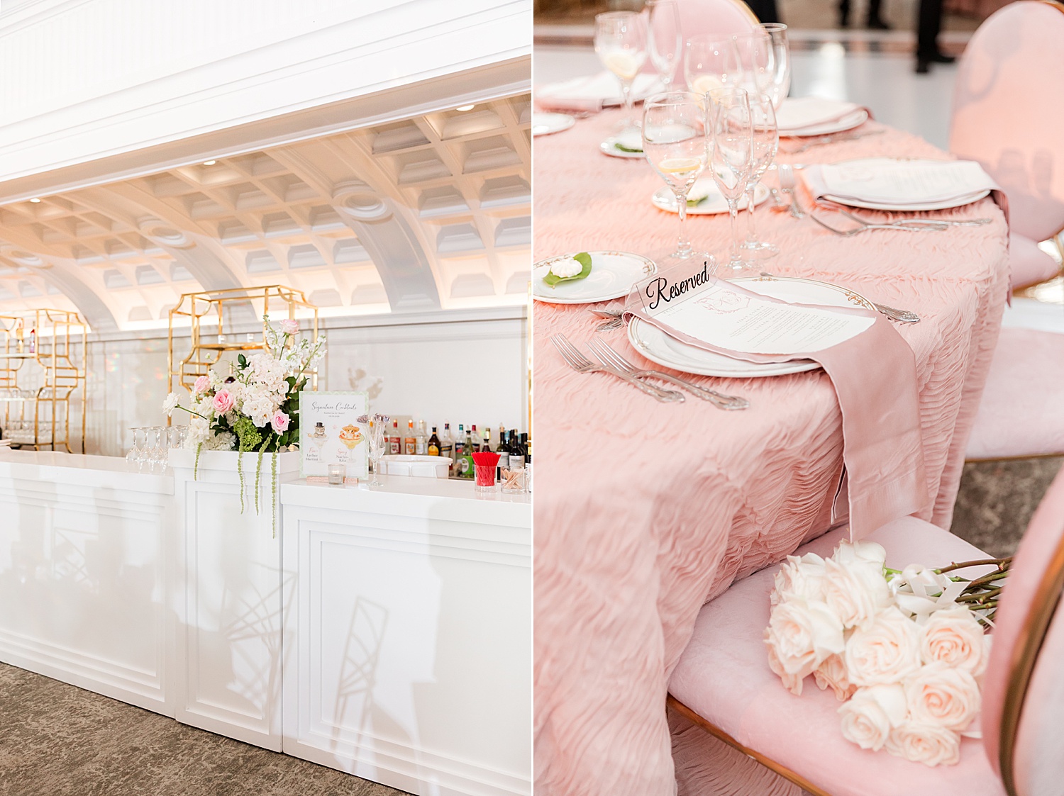 lush pink-themed reception, the modern monochromatic tablescape, and the sleek white and gold bar setup at Park Chateau Estate