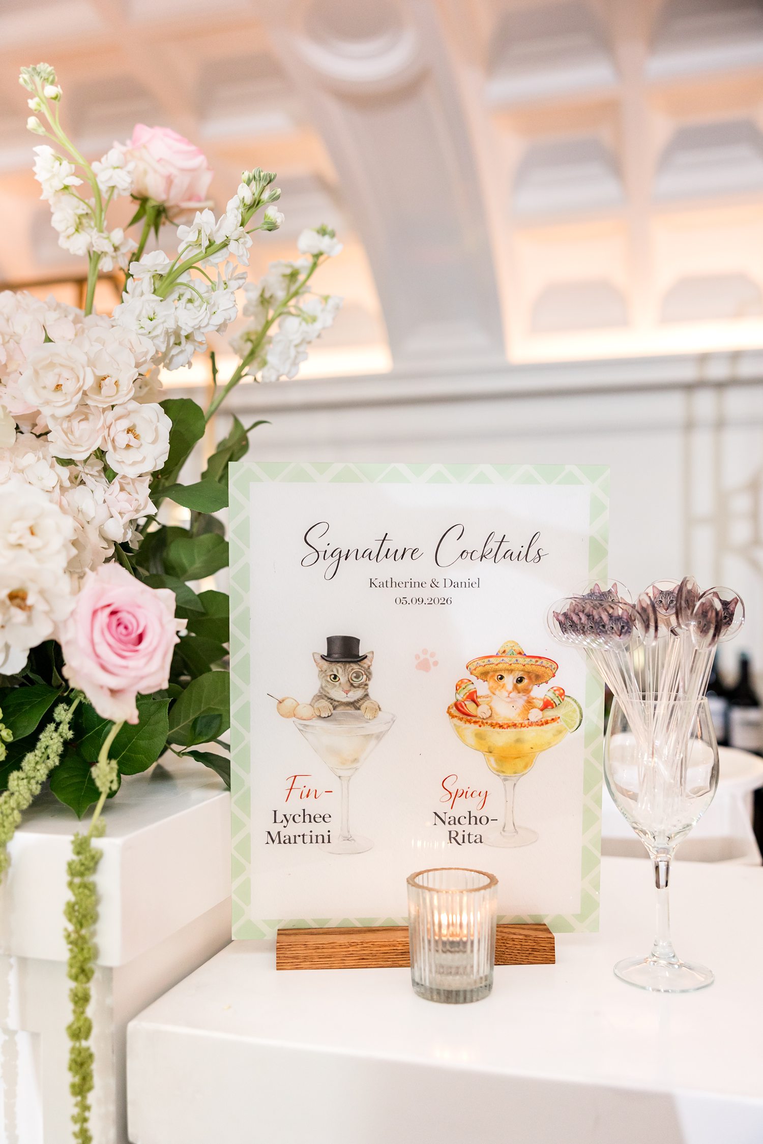 wedding bar menu sign featuring custom watercolor illustrations of pets for signature cocktails