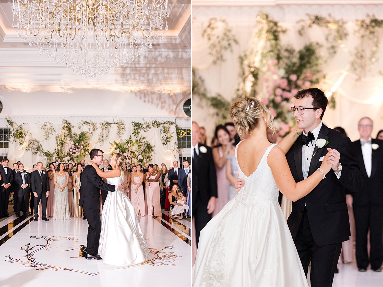 newlywed couple's first dance on a glossy ballroom floor under a massive crystal chandelier, presented in both a wide view showing their surrounding guests and a close-up perspective highlighting the couple
