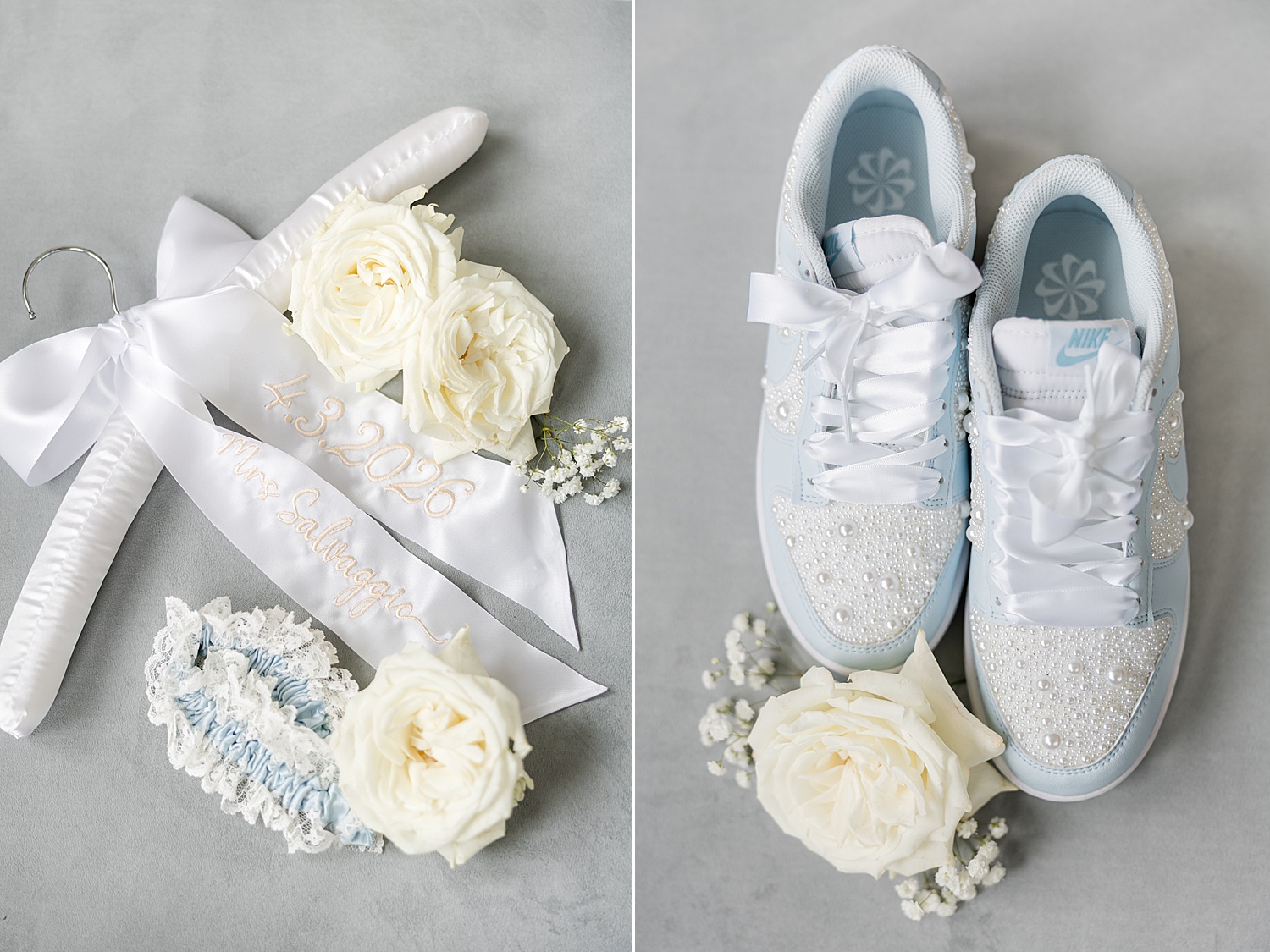 White bridal shoes with bouquet and wedding accessories styled for luxury wedding flat lay