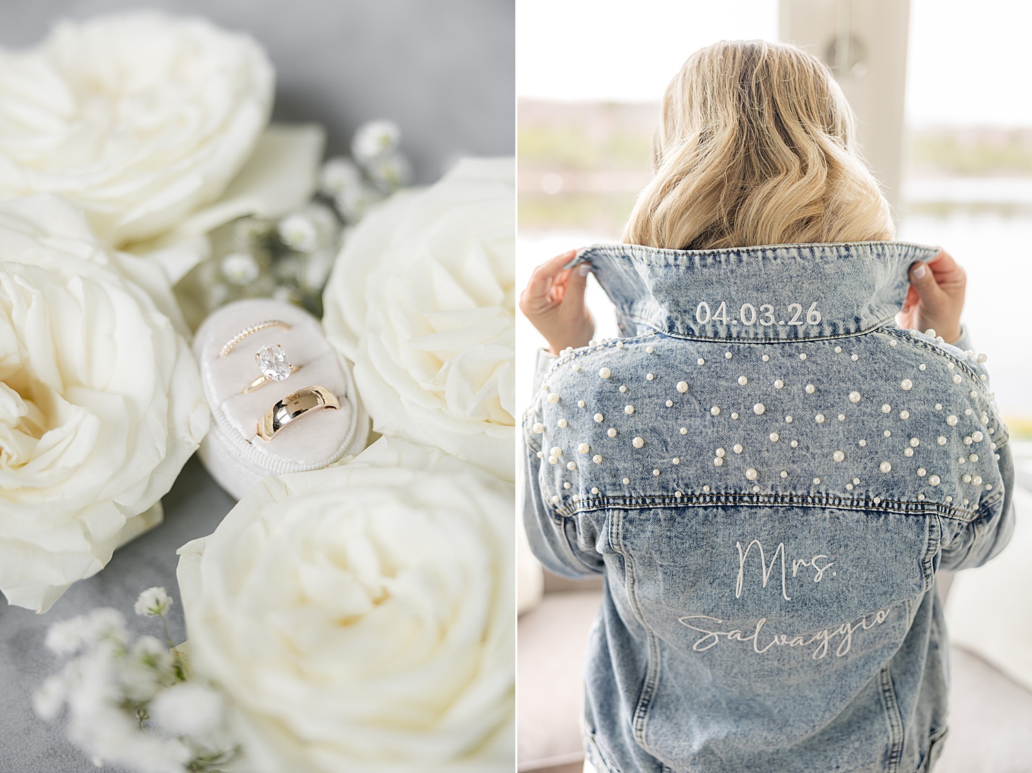 Bride holding custom denim jacket with pearl details during wedding preparation and elegant gold wedding rings with diamond