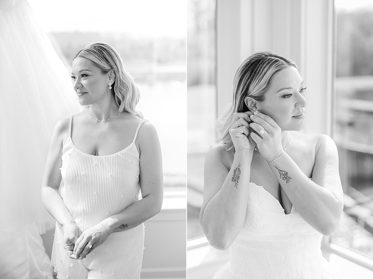 Bride wearing earrings while getting ready in natural light bridal suite
