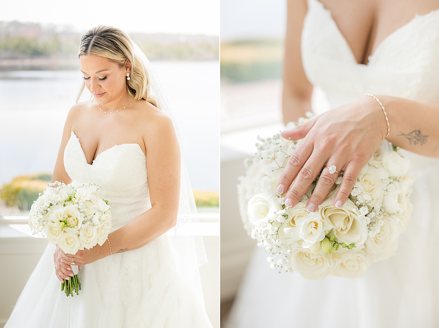 Romantic bridal portrait holding bouquet with soft natural wedding lighting with diamond wedding ring