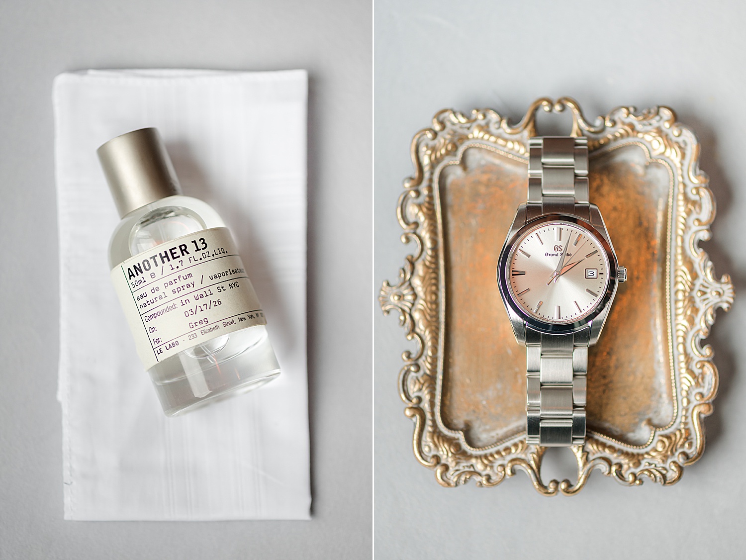 Groom wedding cologne and luxury watch styled in elegant flat lay