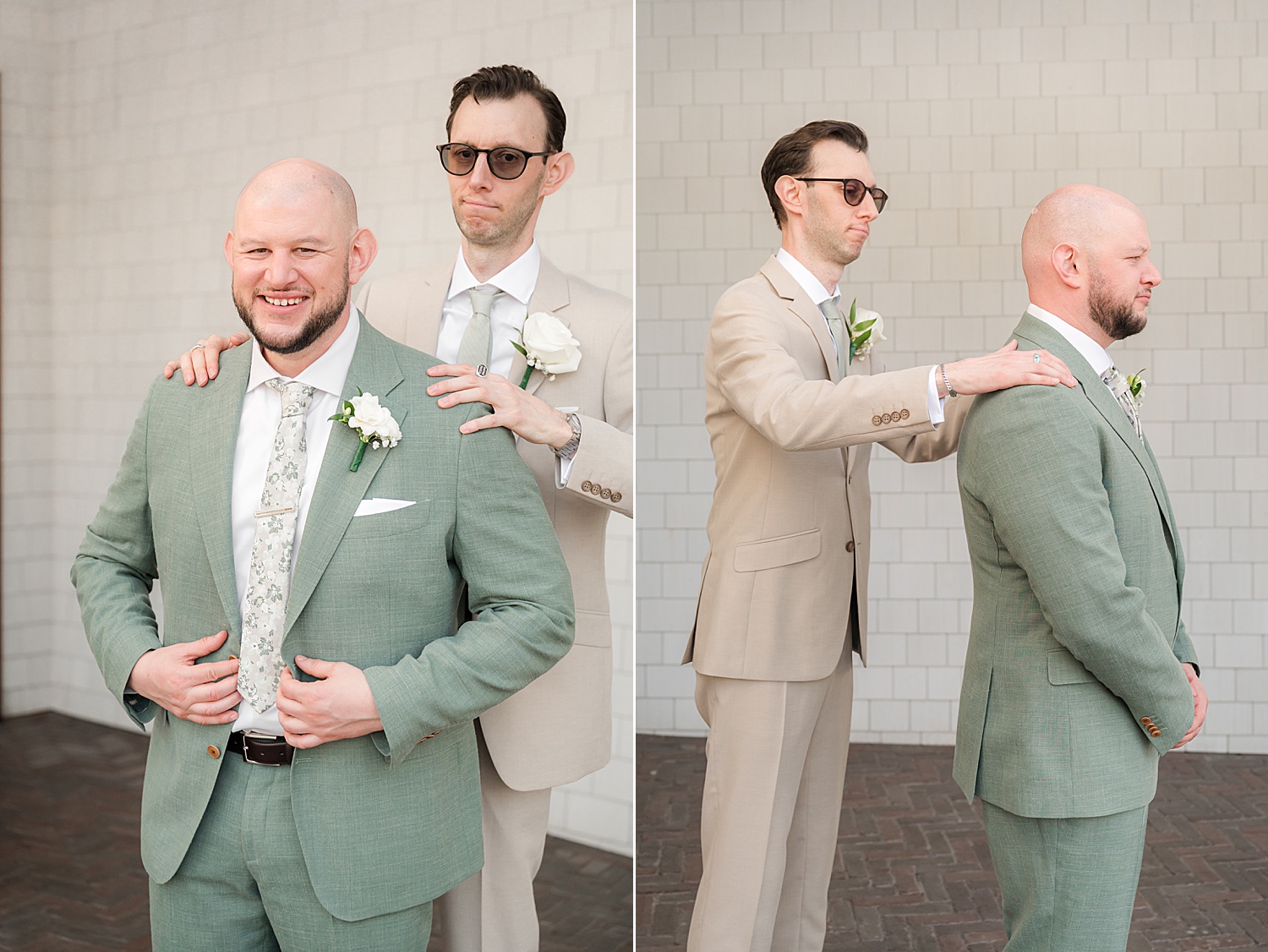 Groomsmen in pastel suits preparing for elegant outdoor wedding ceremony