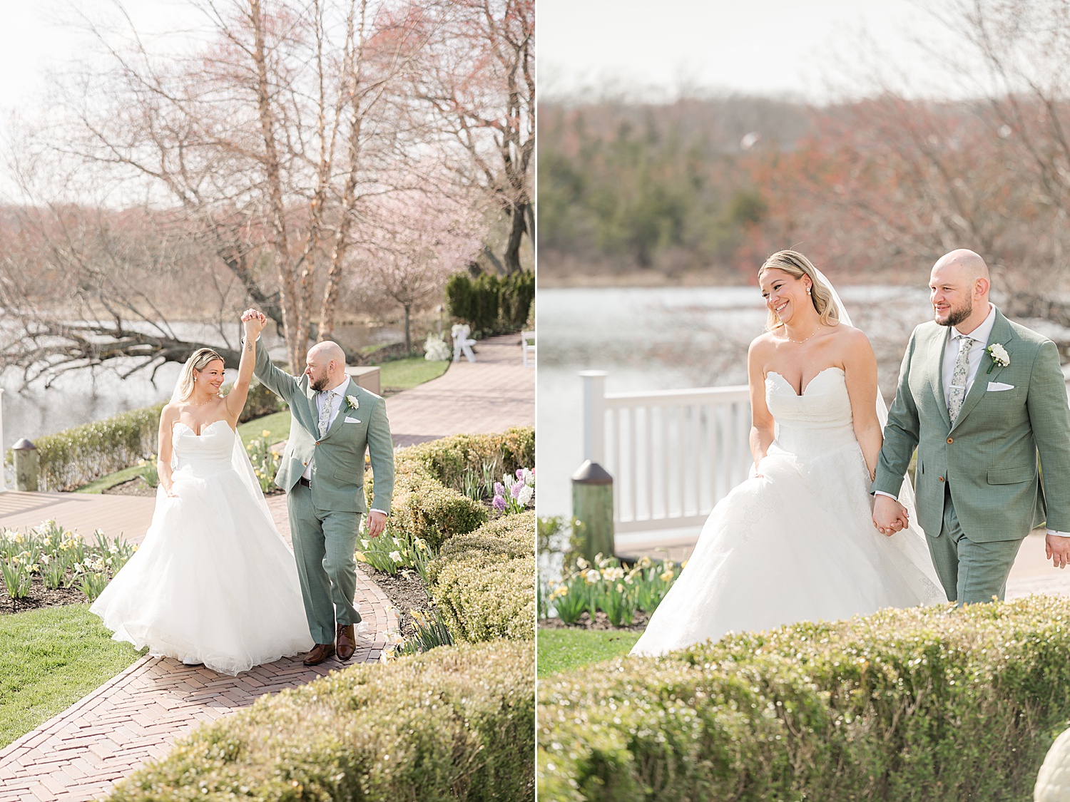 Bride and groom walking together through garden during luxury outdoor wedding