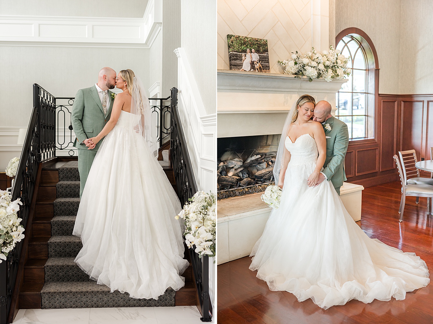 Bride standing on staircase while groom admires and kiss her wedding dress indoors