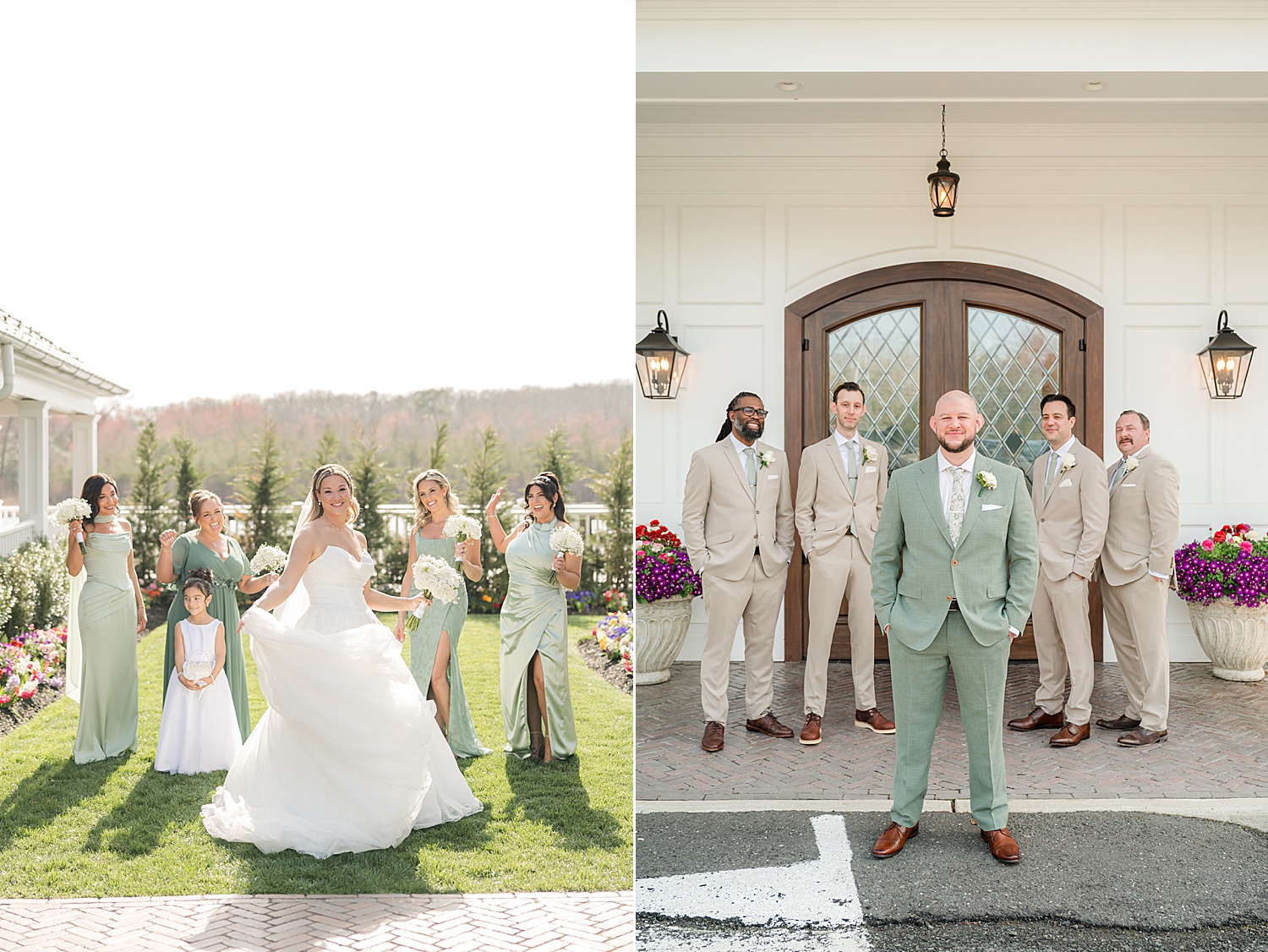 Newlywed couple and bridal party posing outside luxury manor wedding venue