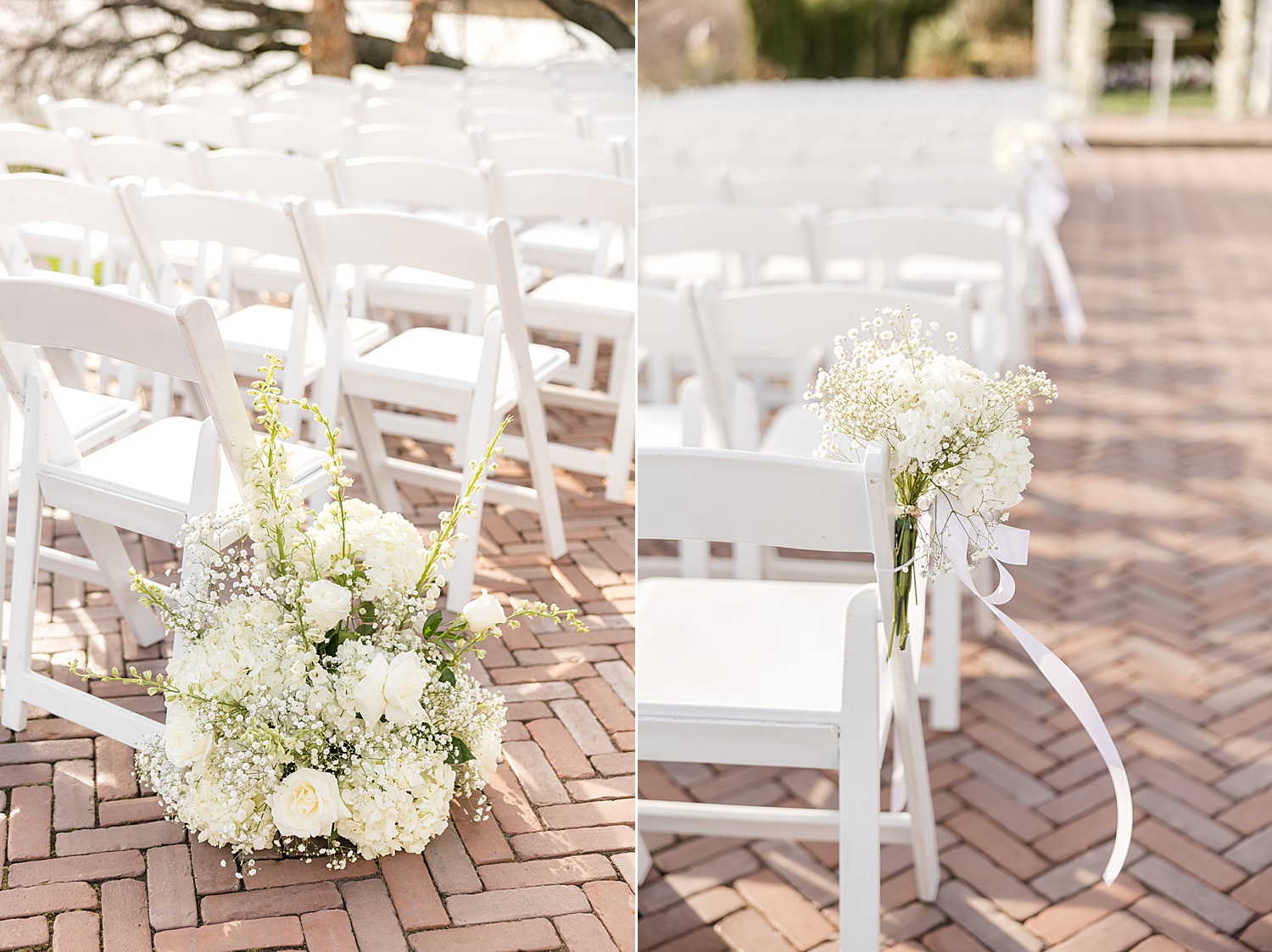 White floral wedding chair decorations lining elegant outdoor ceremony aisle