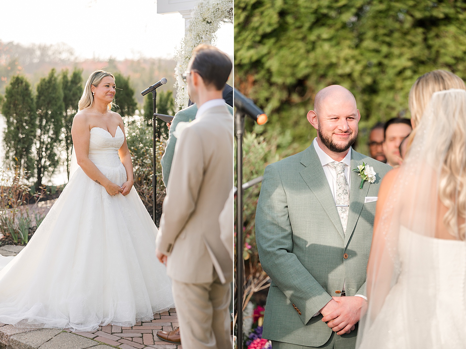 Bride and groom standing together during romantic outdoor wedding ceremony