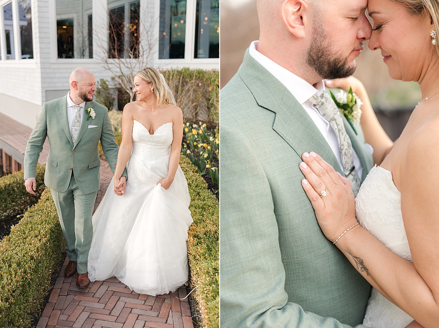 Romantic close-up portrait of bride and groom outdoors at sunset