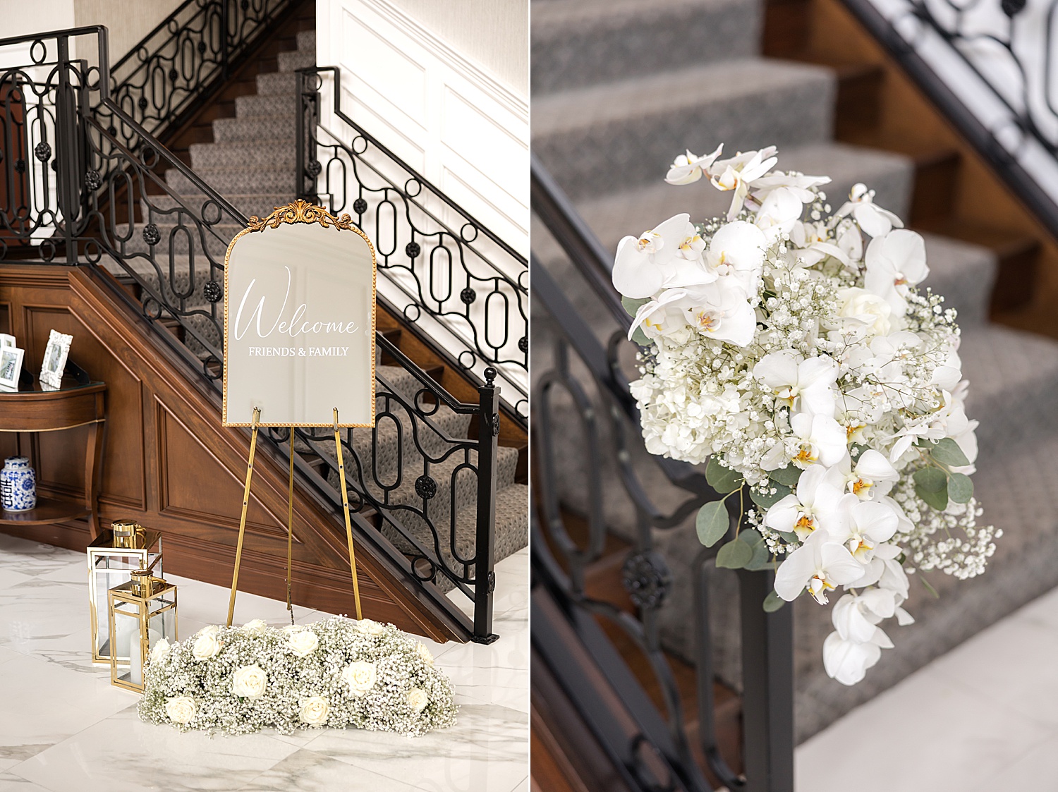 White floral staircase decorations inside luxury wedding reception venue