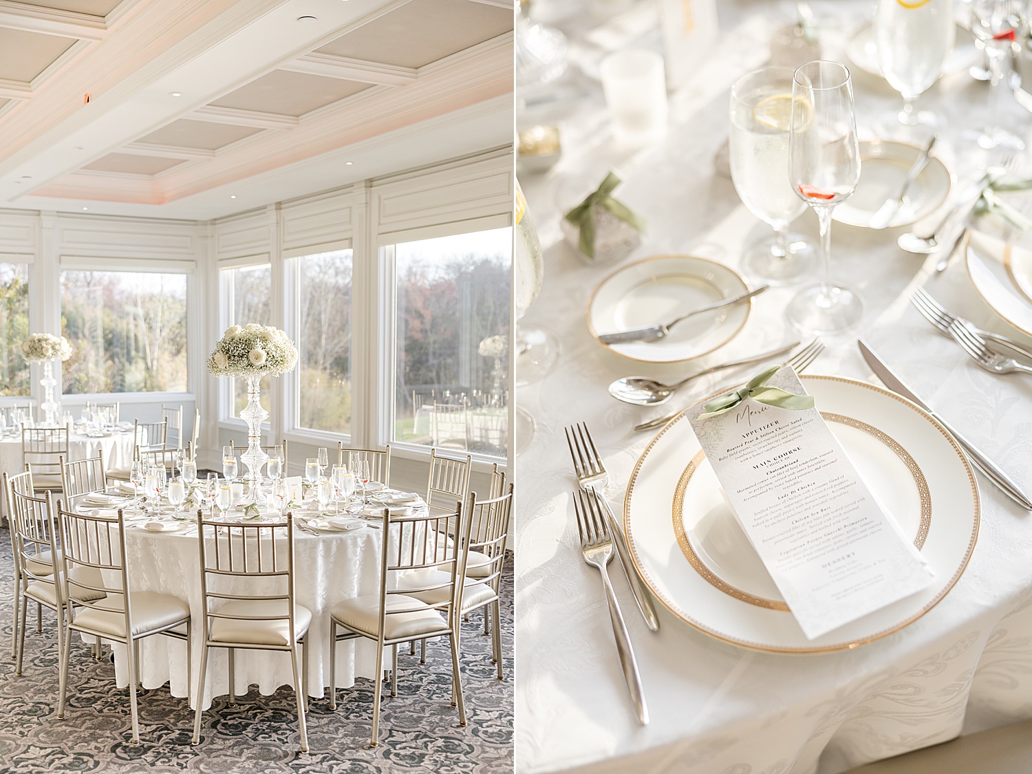 Wedding reception table details with luxury plates, napkins, and floral decor
