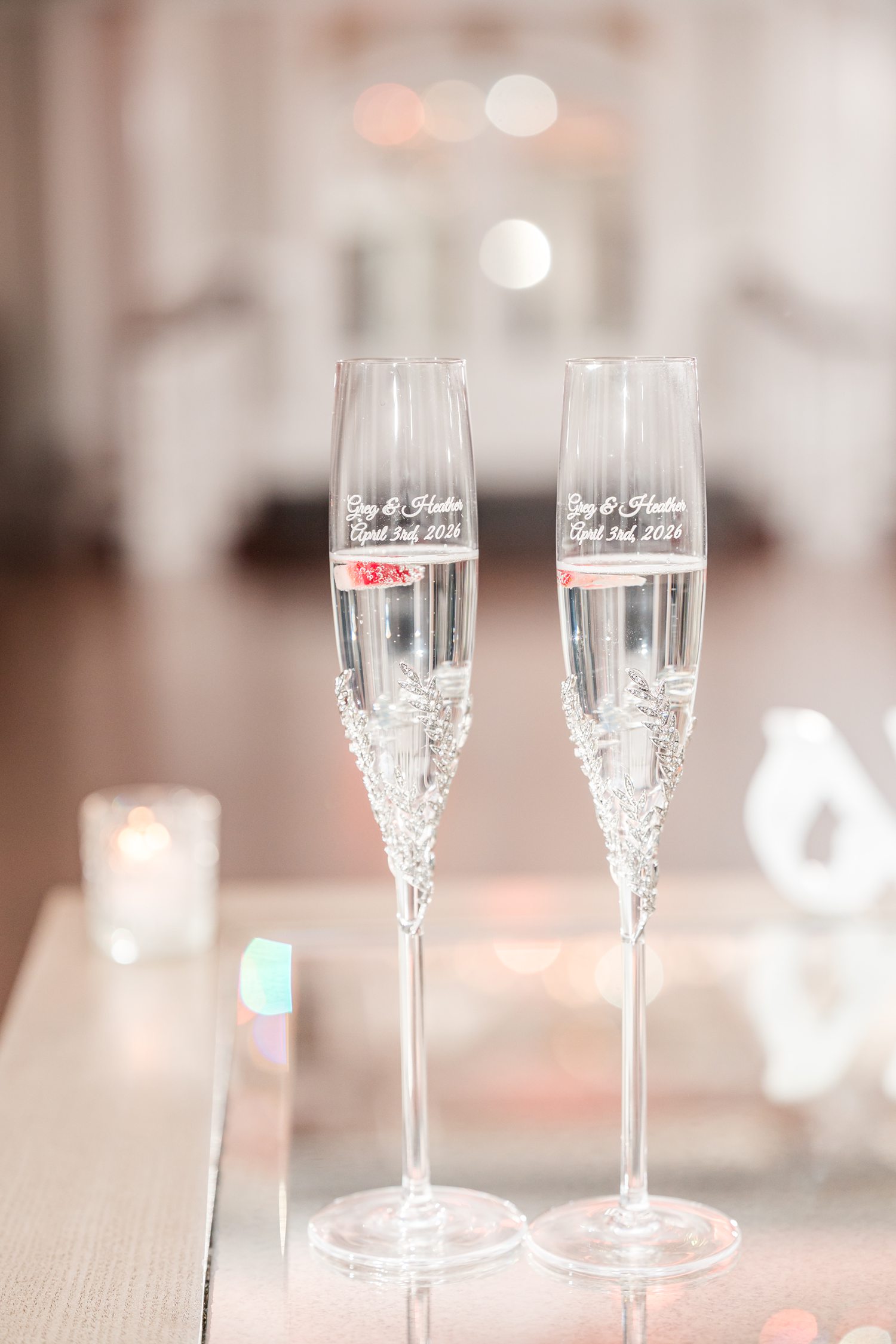 Elegant champagne glasses displayed for luxury wedding reception toast