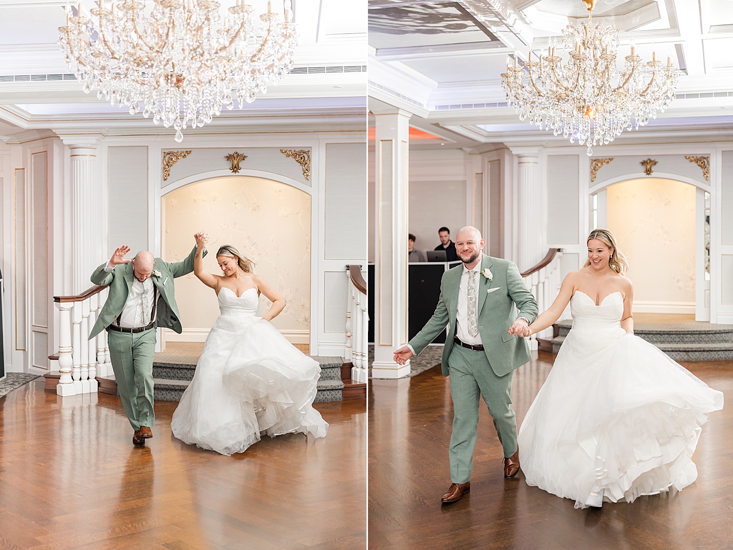 Newlywed couple twirling during elegant first dance at wedding reception