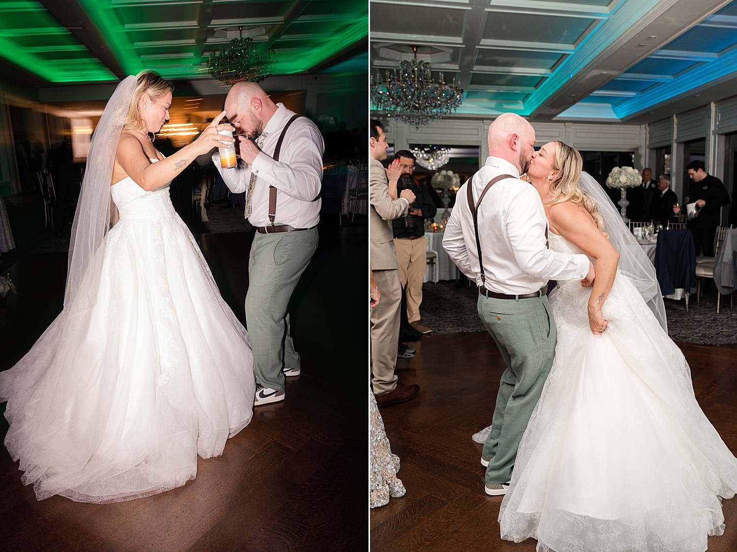 Bride and groom dancing energetically and sharing intimacy during lively wedding reception party