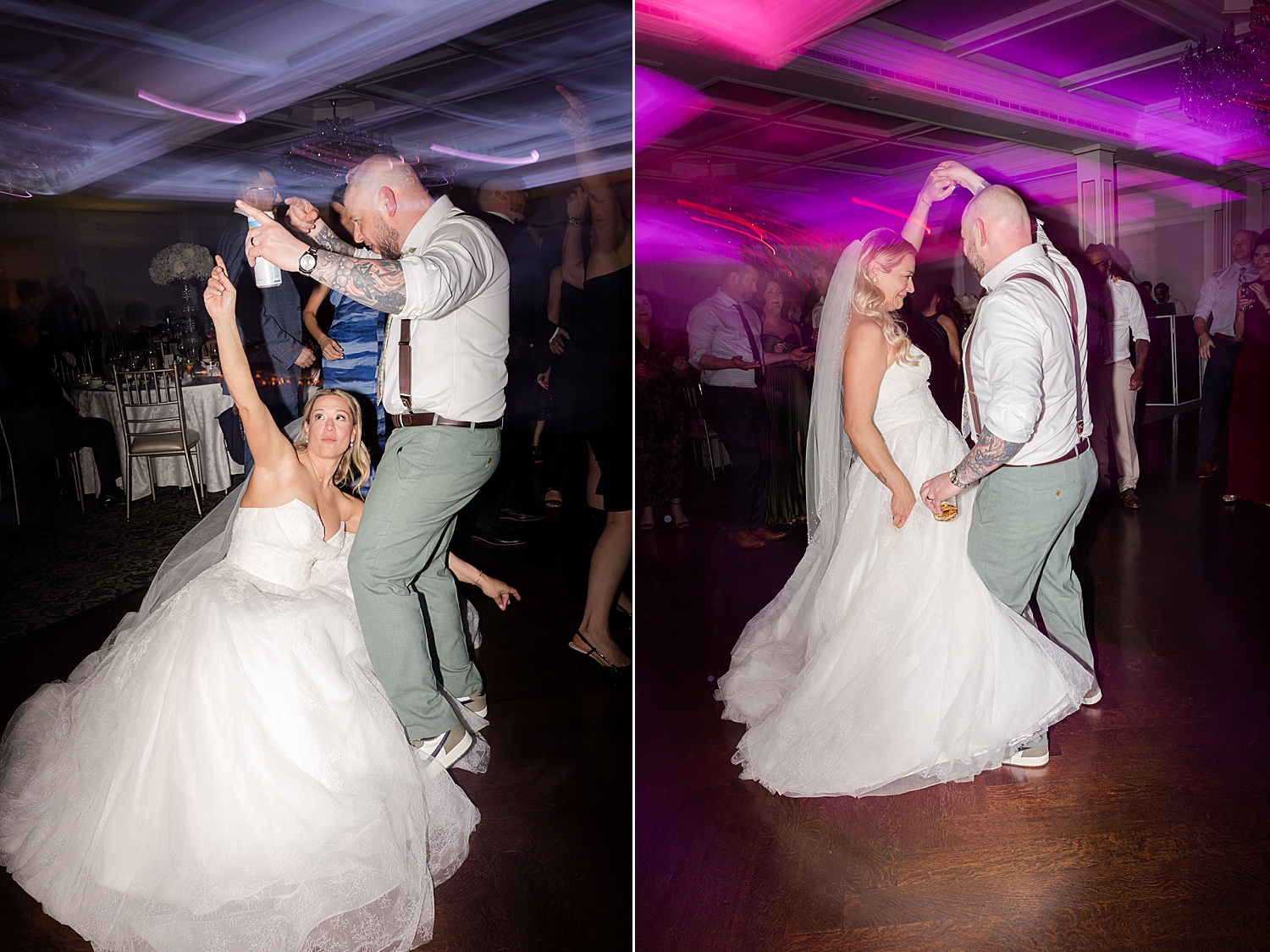 Bride and groom celebrating on crowded dance floor with colorful party lights
