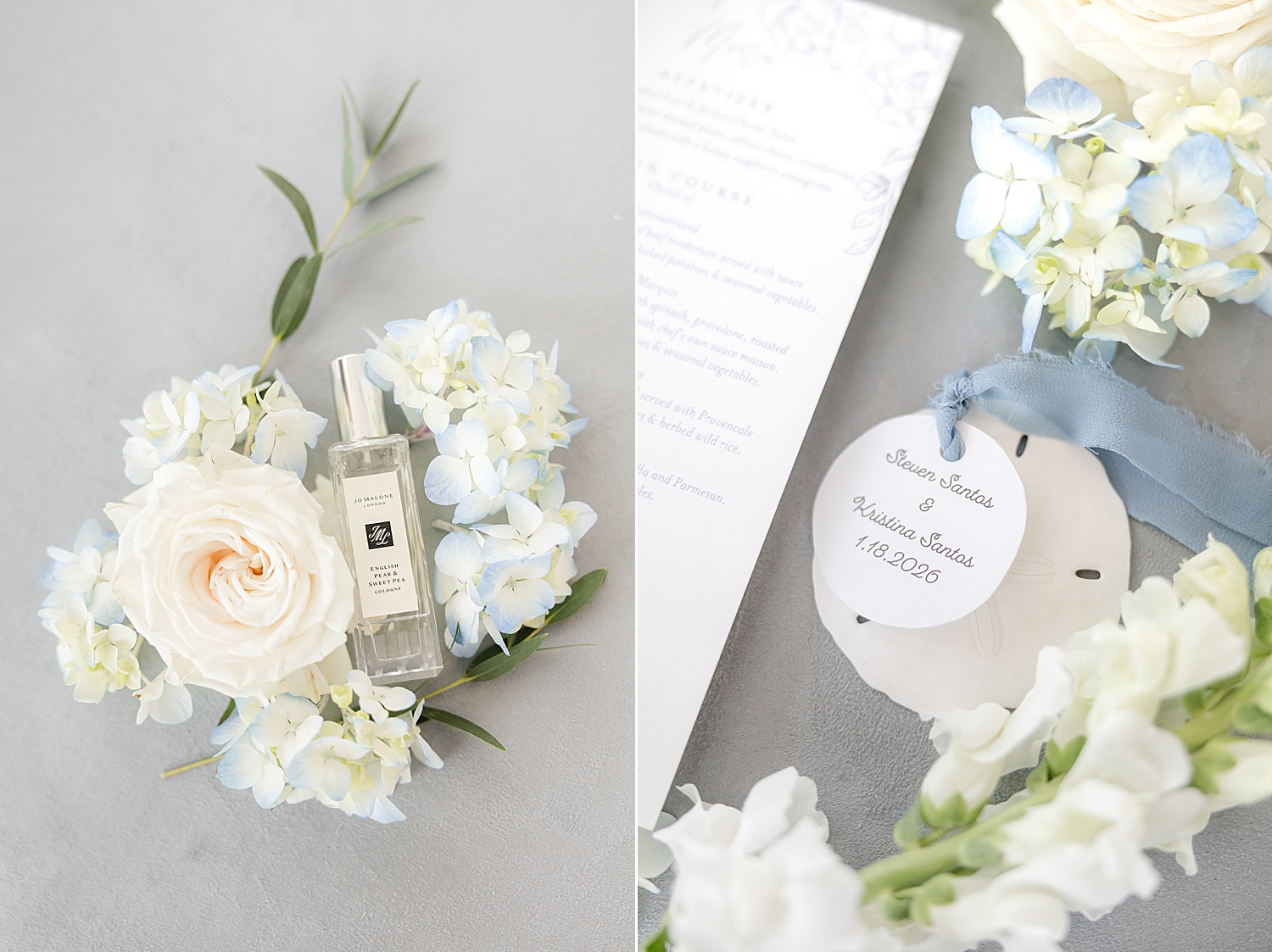 White and blue bridal details with wedding stationery 