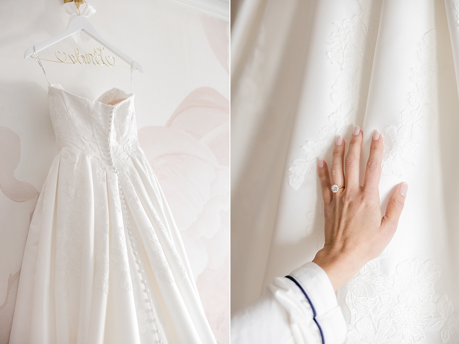 Details of a white bridal gown and wedding ring during bride prep 