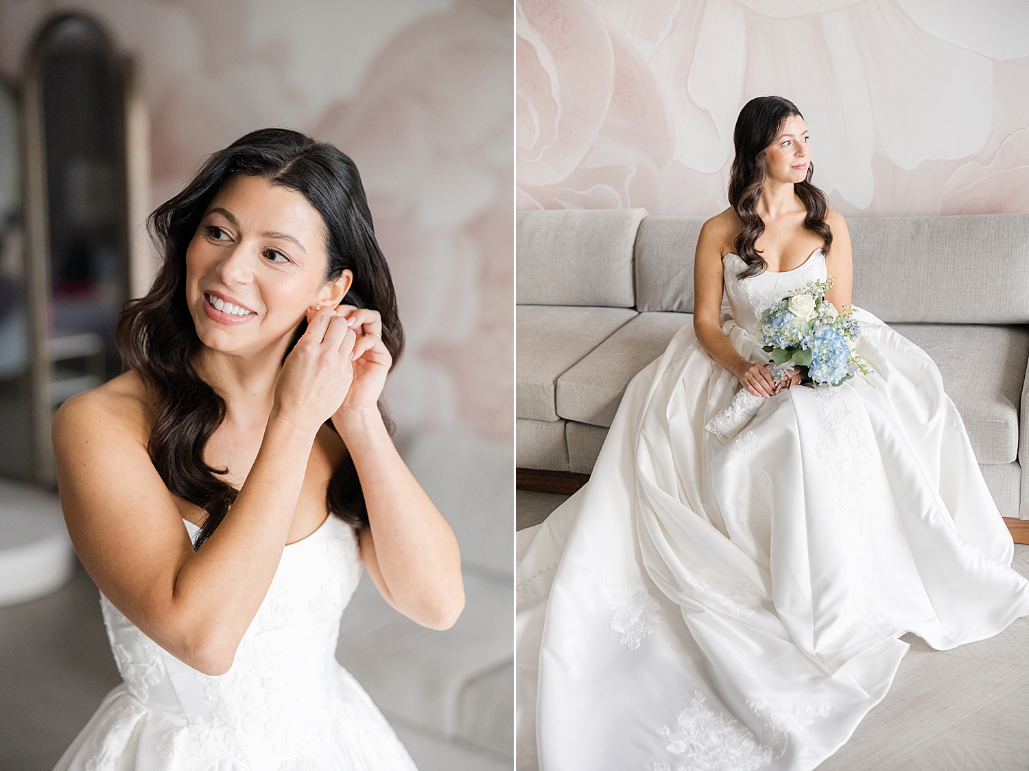 Bride putting on earrings during wedding morning preparations and holding her bouquet 