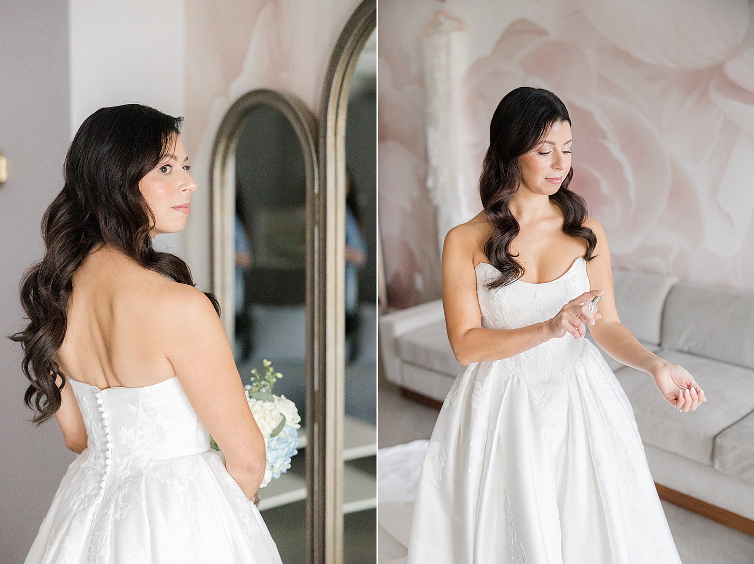 Half body portrait of the bride getting ready and putting on perfume 