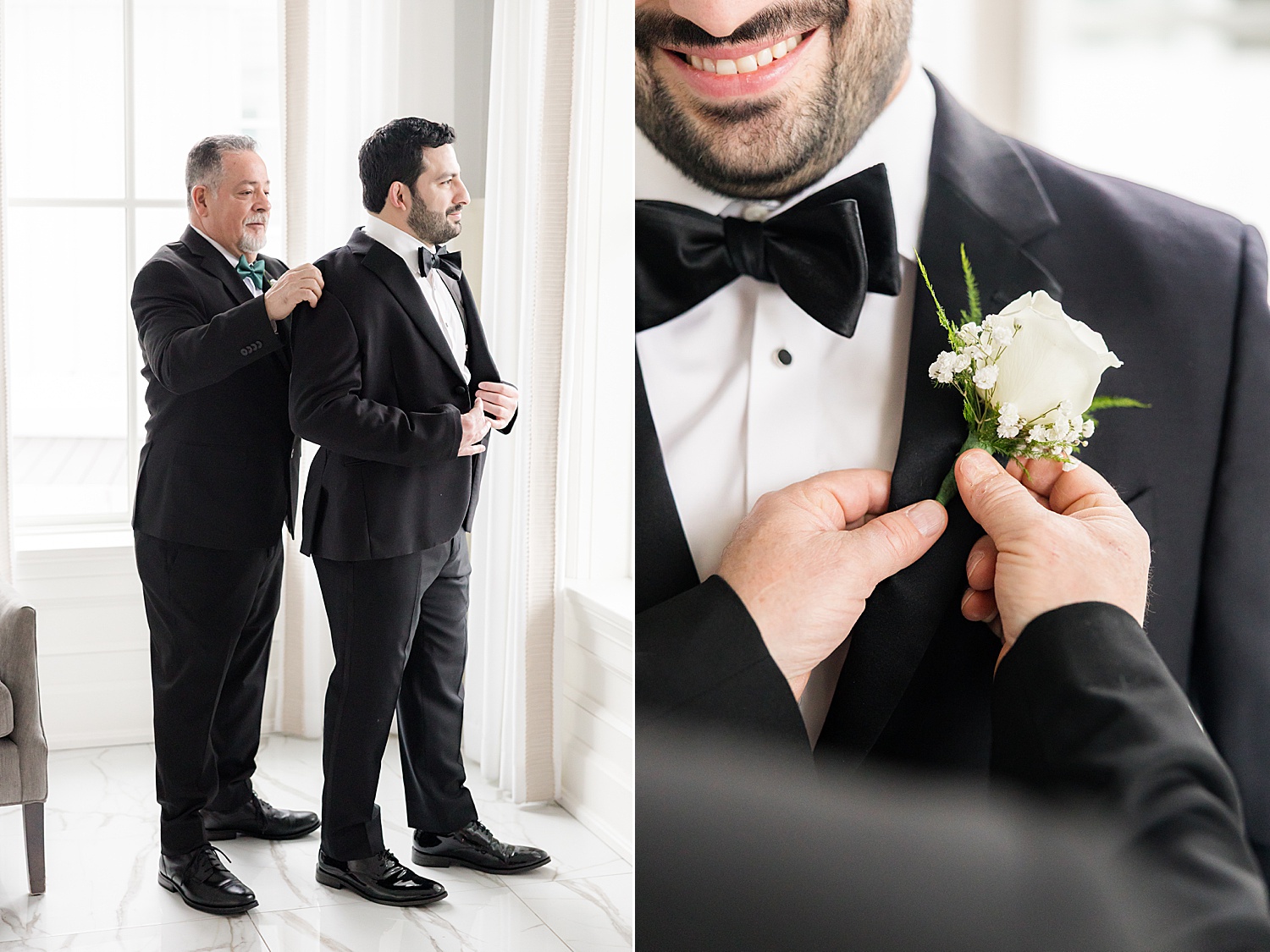 Father of the groom helping him get dressed and adjusting his boutonniere on a classic black tuxedo 