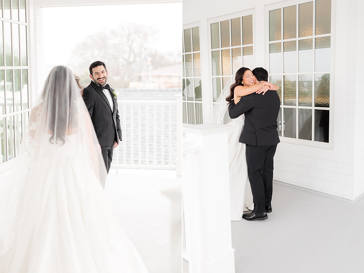 Groom turning to see the bride during the first look and coming in for a hug 