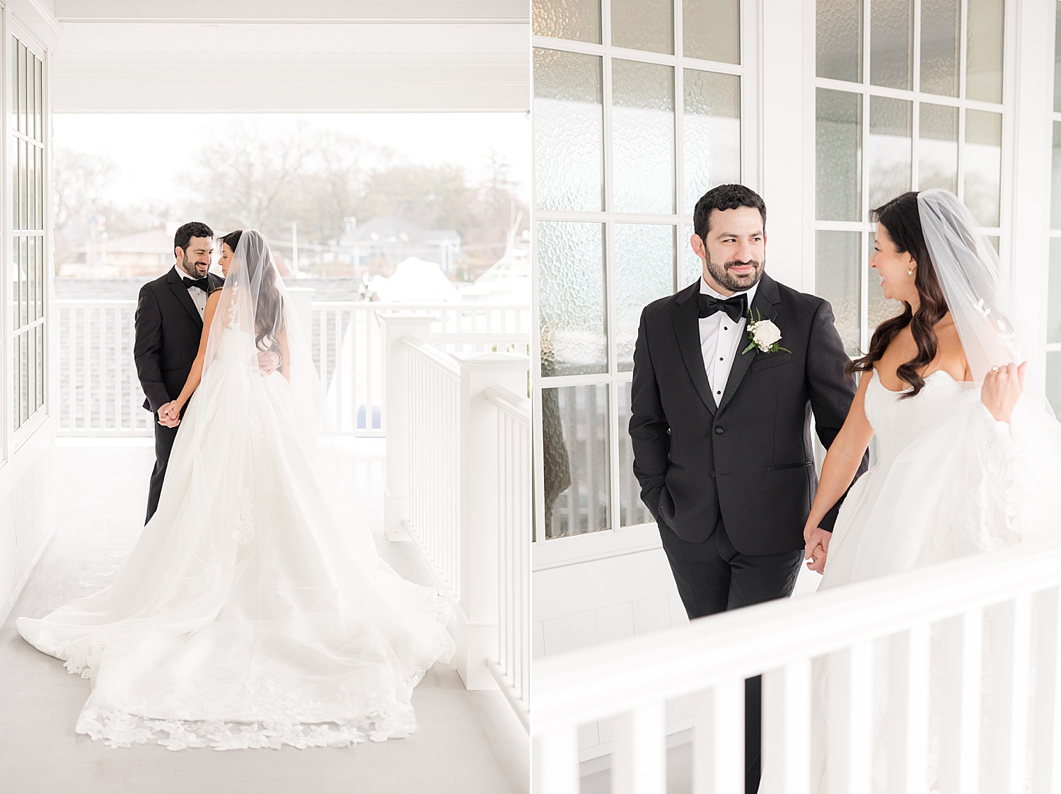 Groom looking at the bride while she looks to the side and walking hand by hand