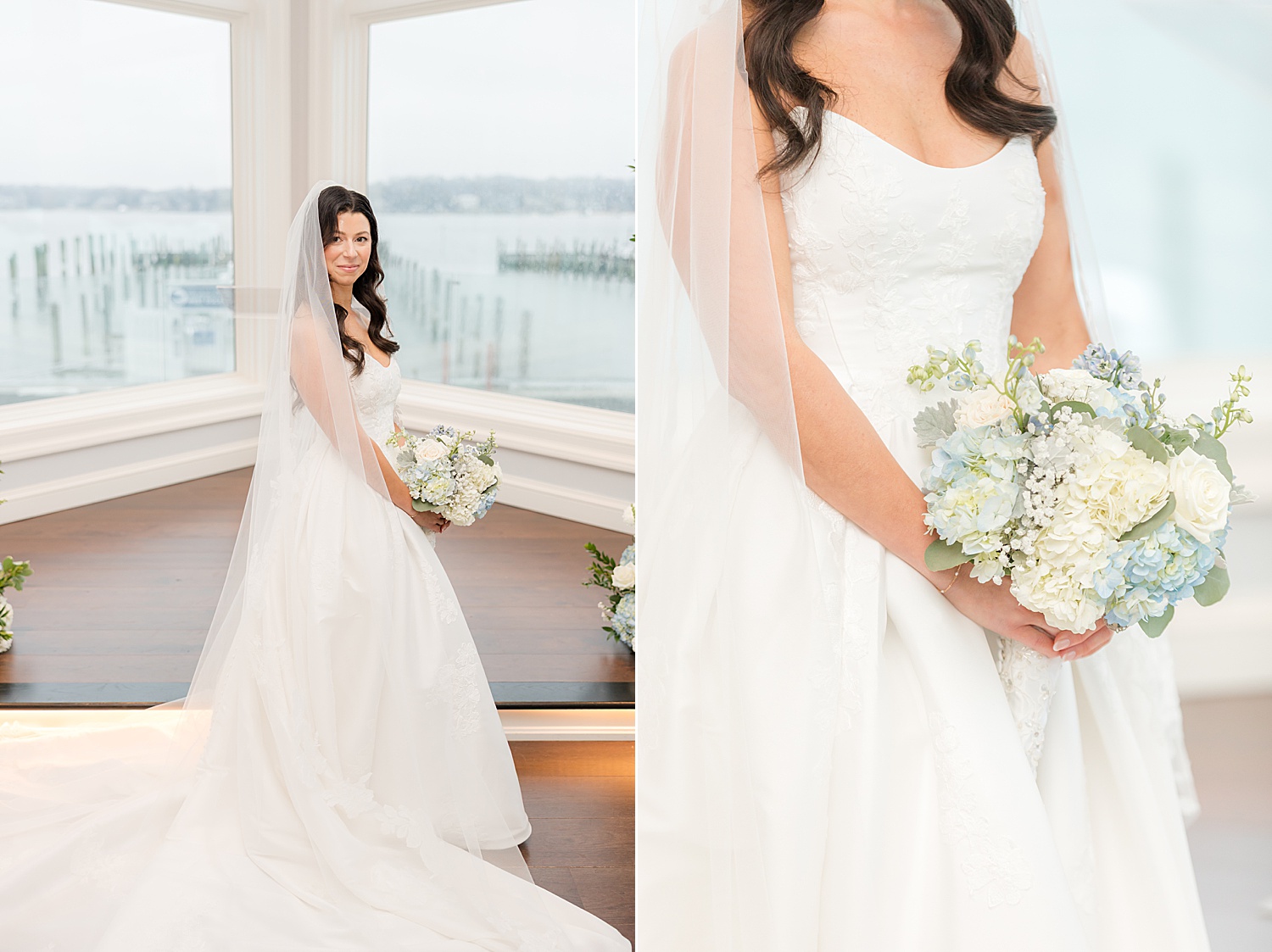Bride holding a soft blue and white bouquet at Clarks Landing Yacht Club ceremony space 