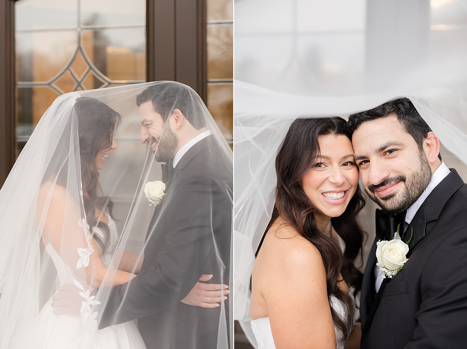 Bride and groom cuddled under her veil for a romantic wedding portrait and looking at the camera