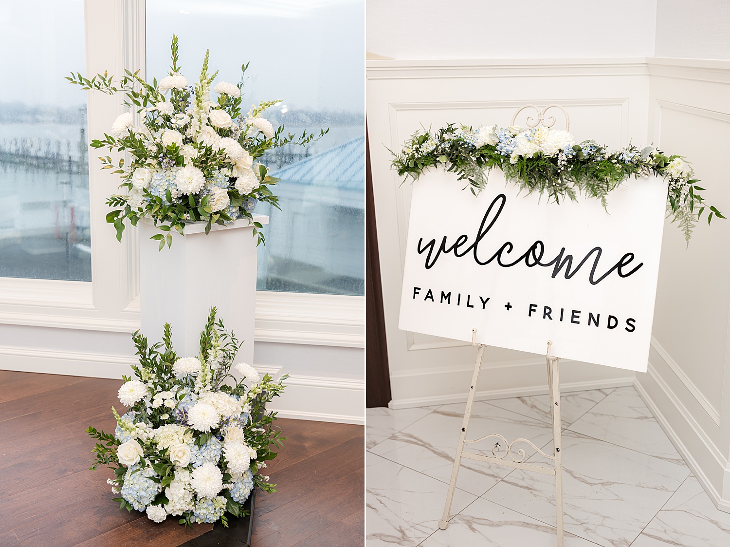 White and blue ceremony flowers beside the waterfront windows and welcome sign