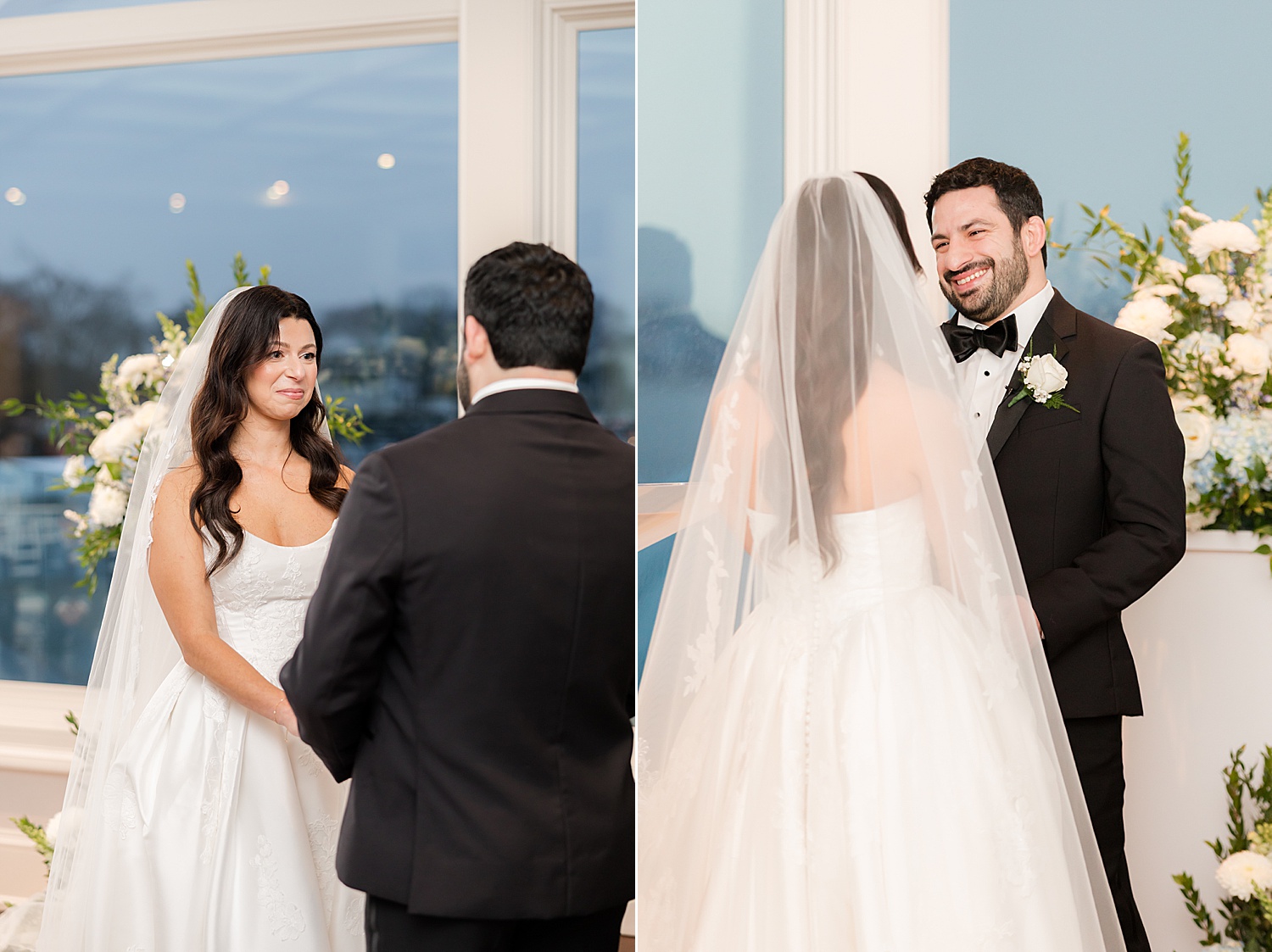 Bride and groom looking at each other while groom smiles at his emotional bride 