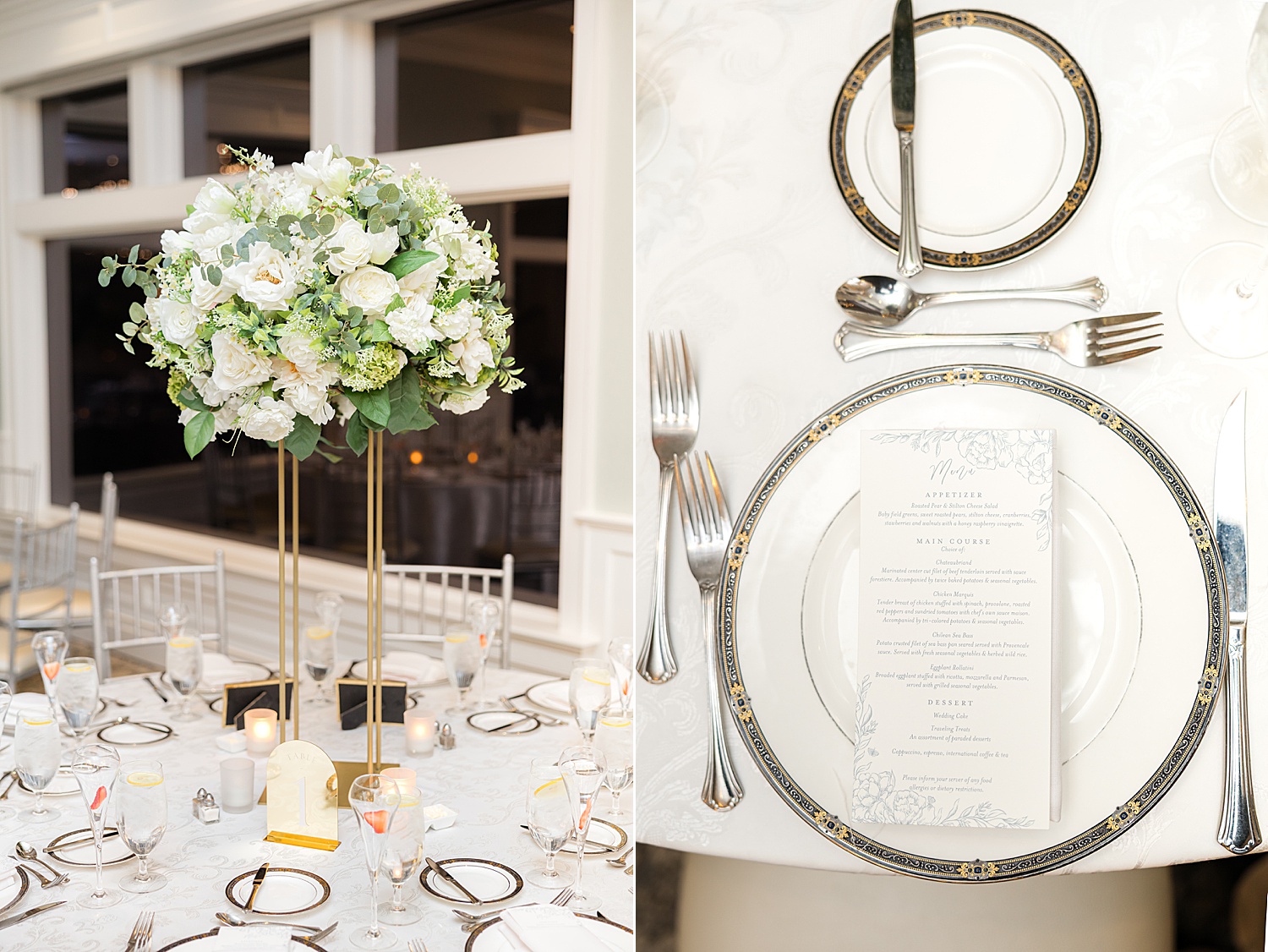 Details of tall white and blue floral centerpiece on a wedding reception table and plating