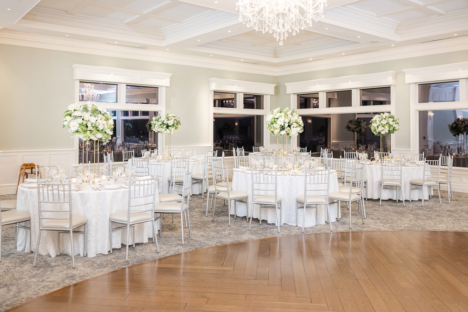 Clarks Landing Yacht Club ballroom set for an elegant winter wedding reception