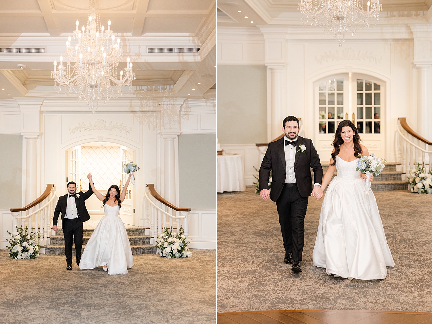 Bride and groom enter the reception with arms raised in celebration and walking hand by hand