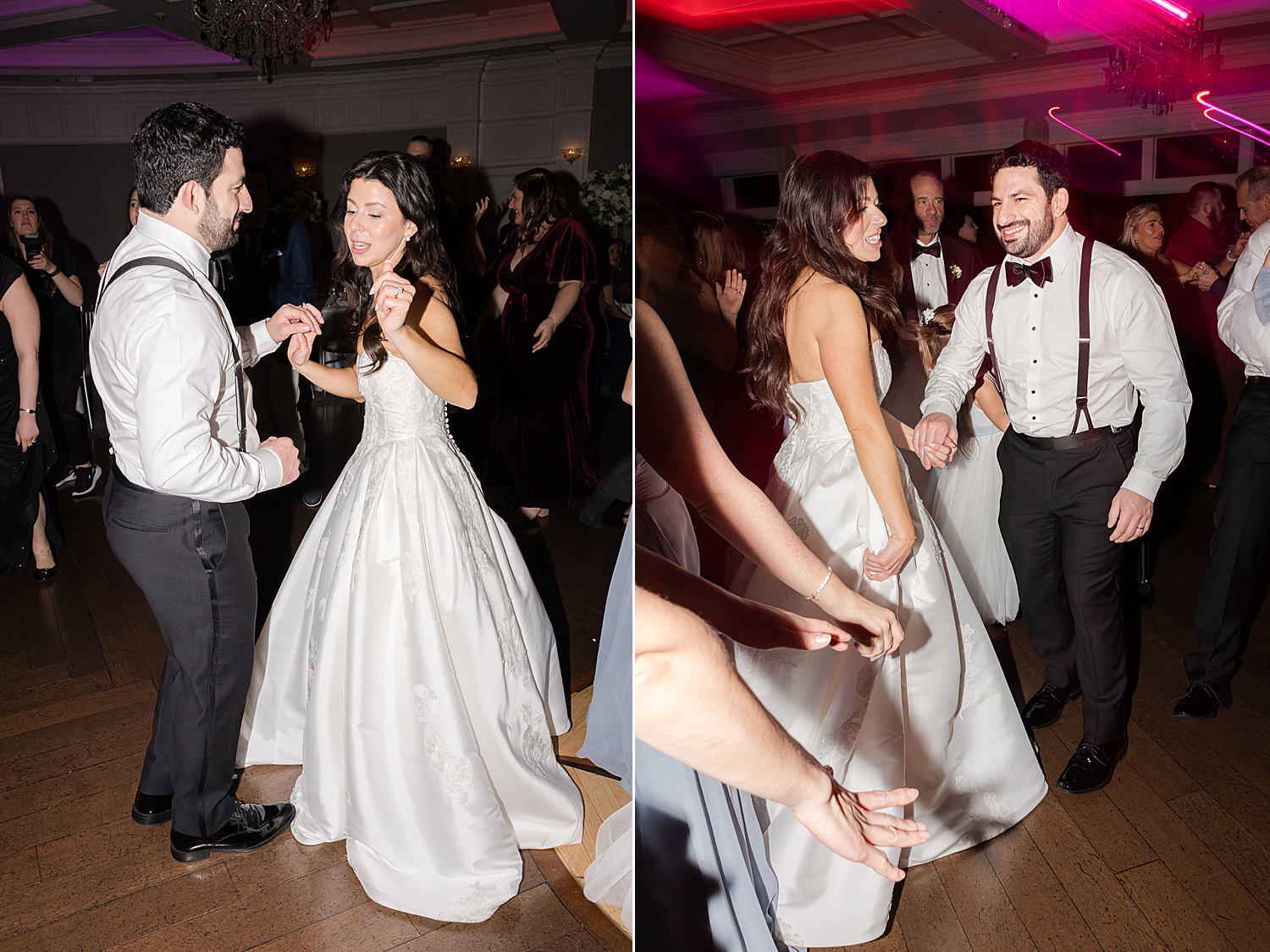 Bride and groom dancing surrounded by guests dancing under colorful reception lights