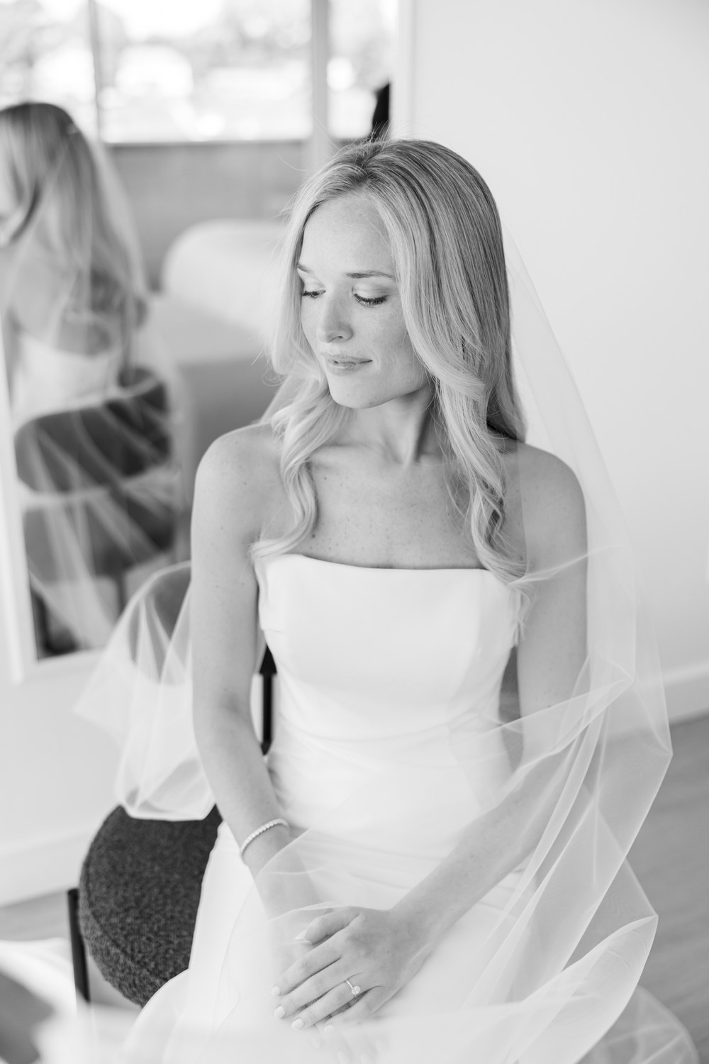 Black and white bridal portrait with veil