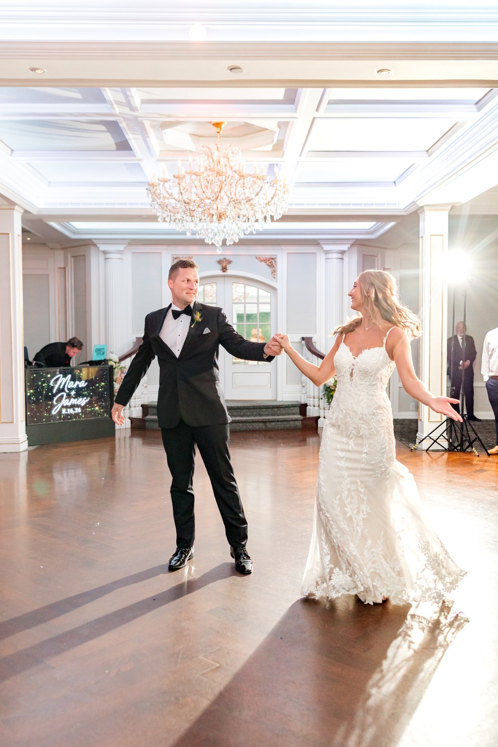 Bride and groom's first dance in the ballroom at The Mill Lakeside Manor