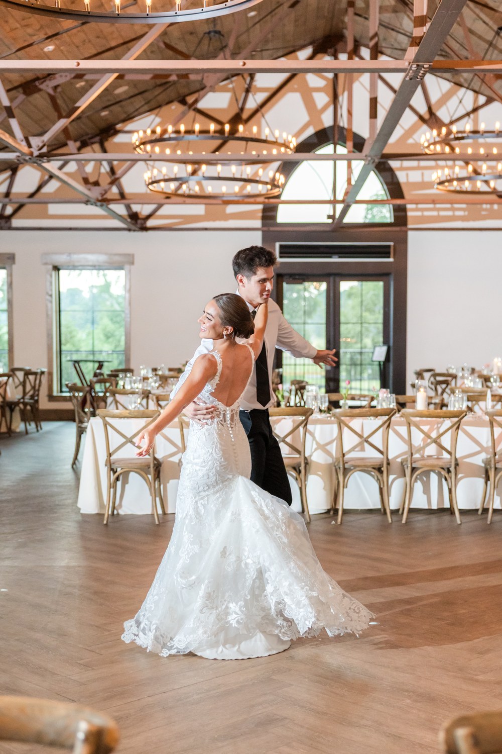 The couple dancing their first dance in the Renault Winery ballroom